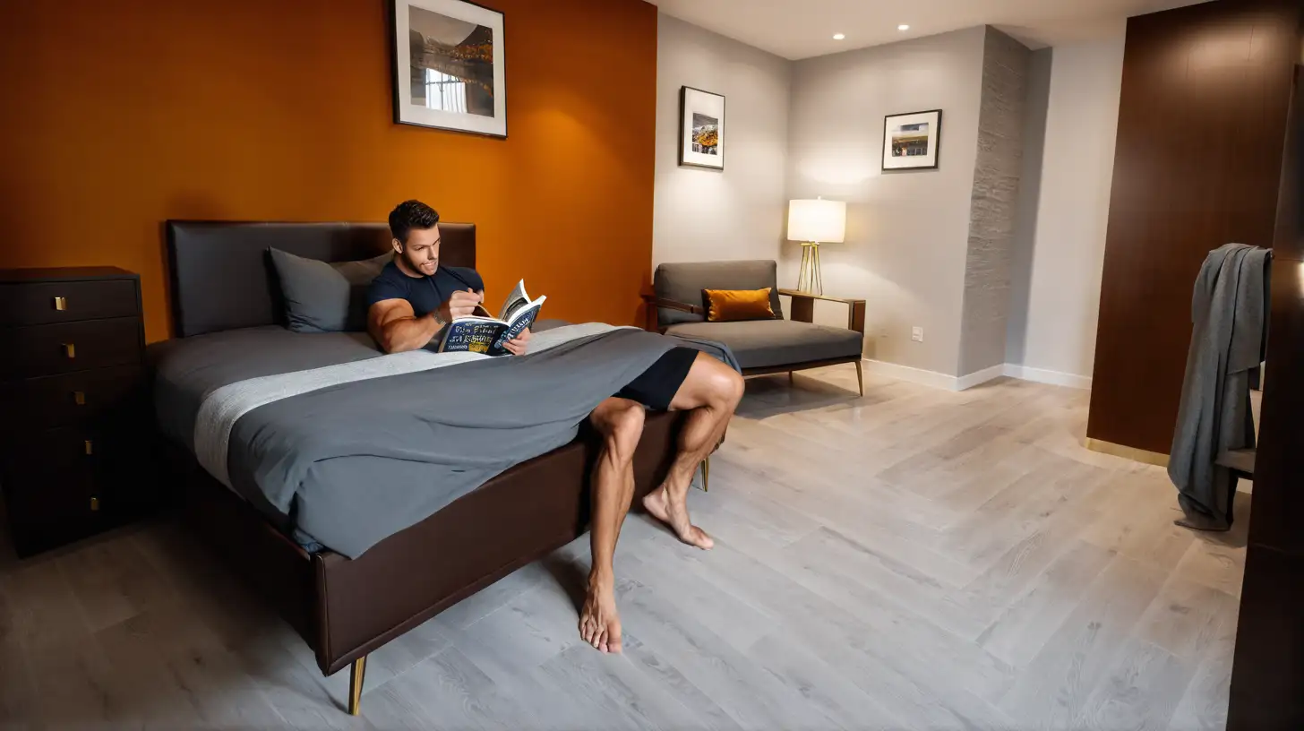 Muscular Man Relaxing on Bed with Book