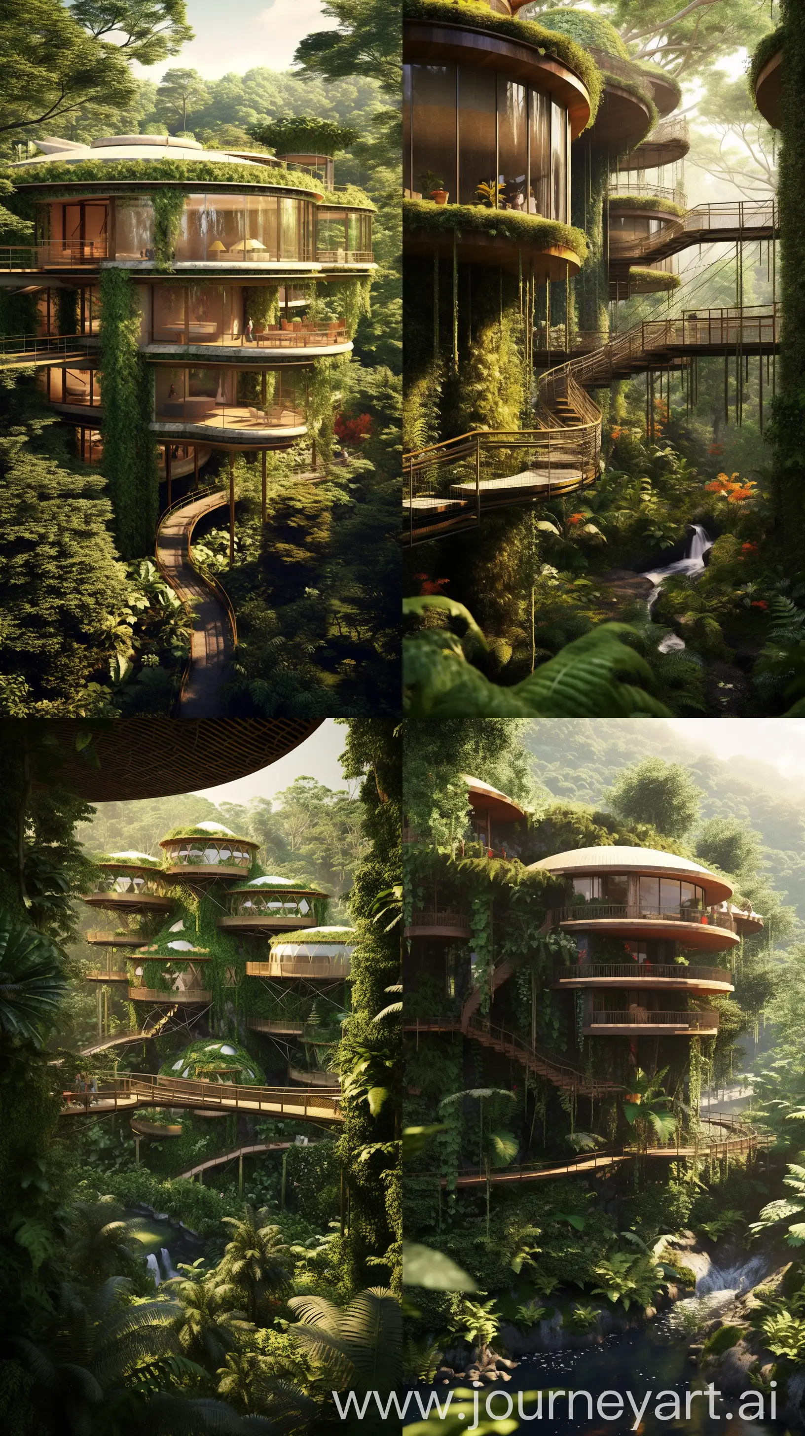 prompt: Architectural Render, Nature, Serene, A modern, eco-friendly treehouse village
built within a lush rainforest, seamlessly integrating with the surrounding environment,
Rainforest, architectural render, nature, treehouse, eco-friendly, rainforest, integration --ar
9:16 --v 5.1 --s 750 --q 2