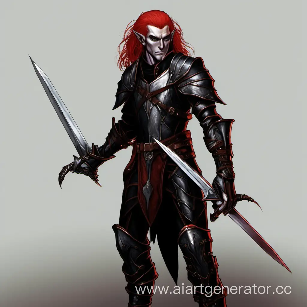 Темный Эльф ДНД парень, с рыжими волосами, в кожаной броне, двумя кинжалами