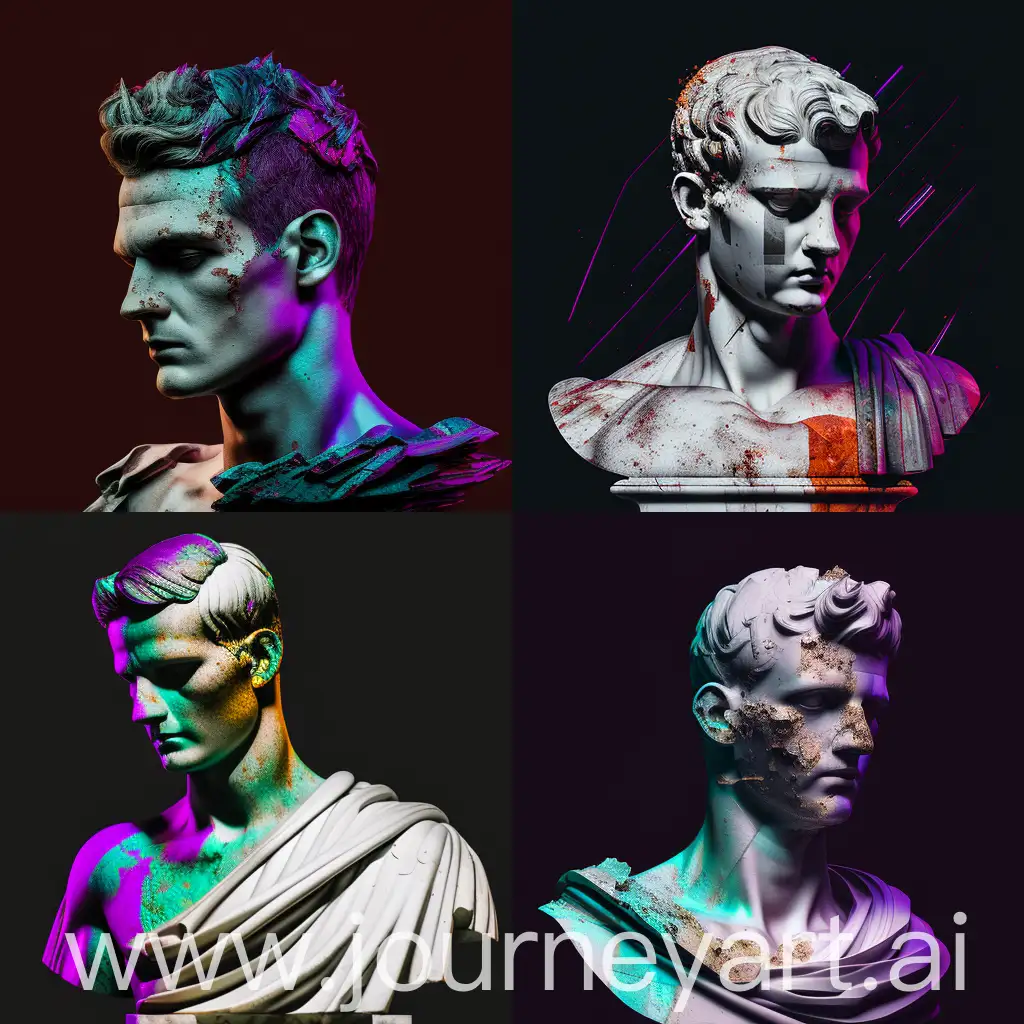 glitch art marble bust of Caligula, face obscured with horizontal lines, studio lighting, great dynamic range, great color composition and balance, artstation