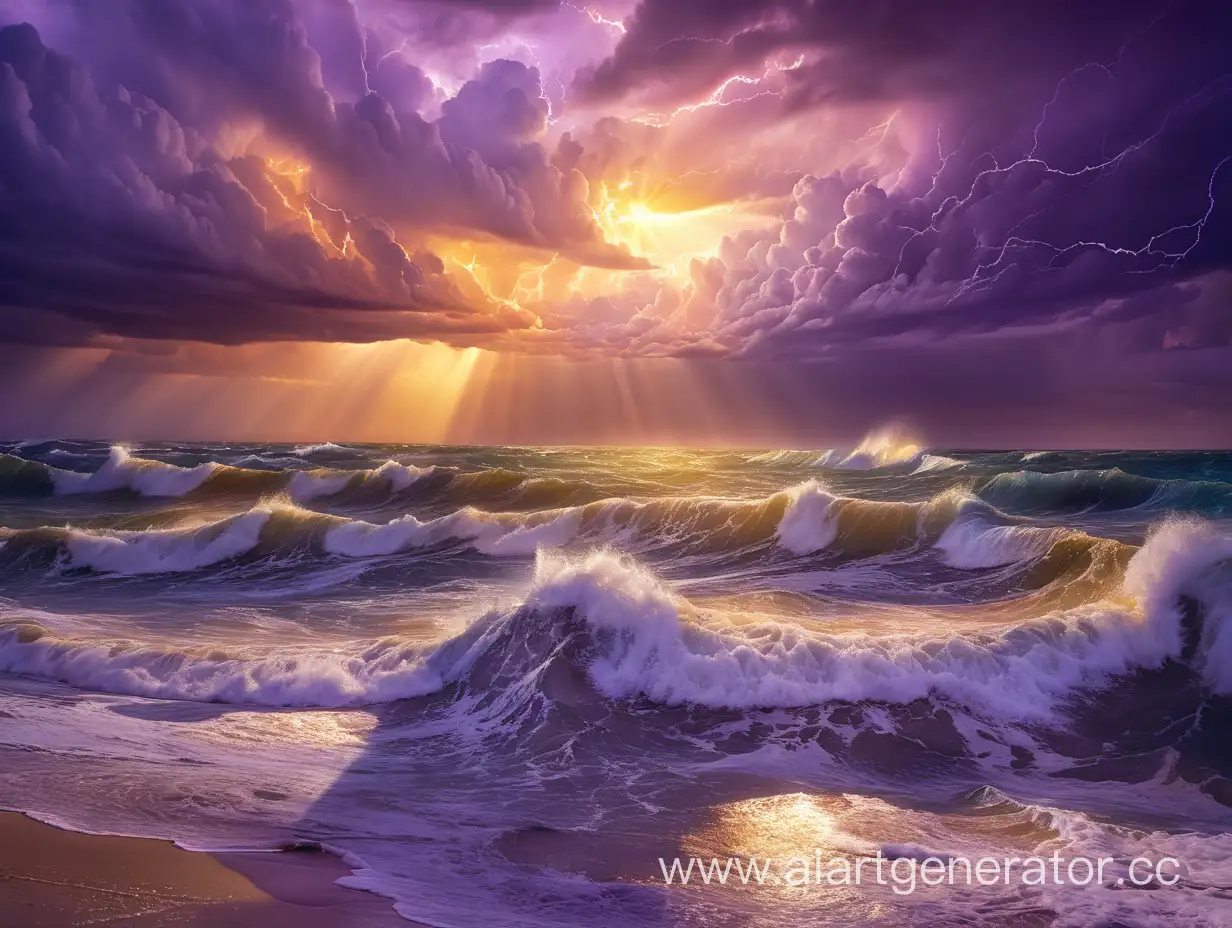 Море, бушующий шторм, волны до небес, и золотые лучи закатного солнца, пробивающегося сквозь пурпурные тучи 