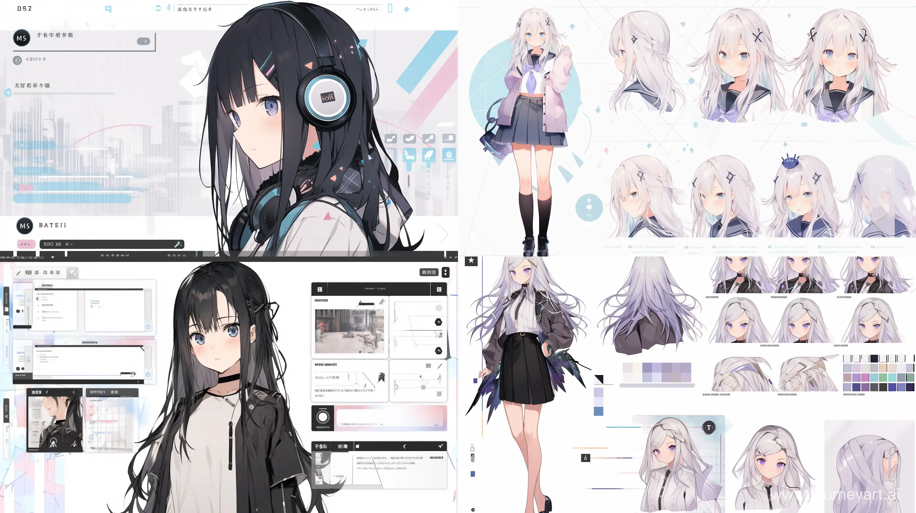 character sheet, a highshool girl with beautiful face, intelligent look and stylish --ar 16:9 --q 2 --niji 5