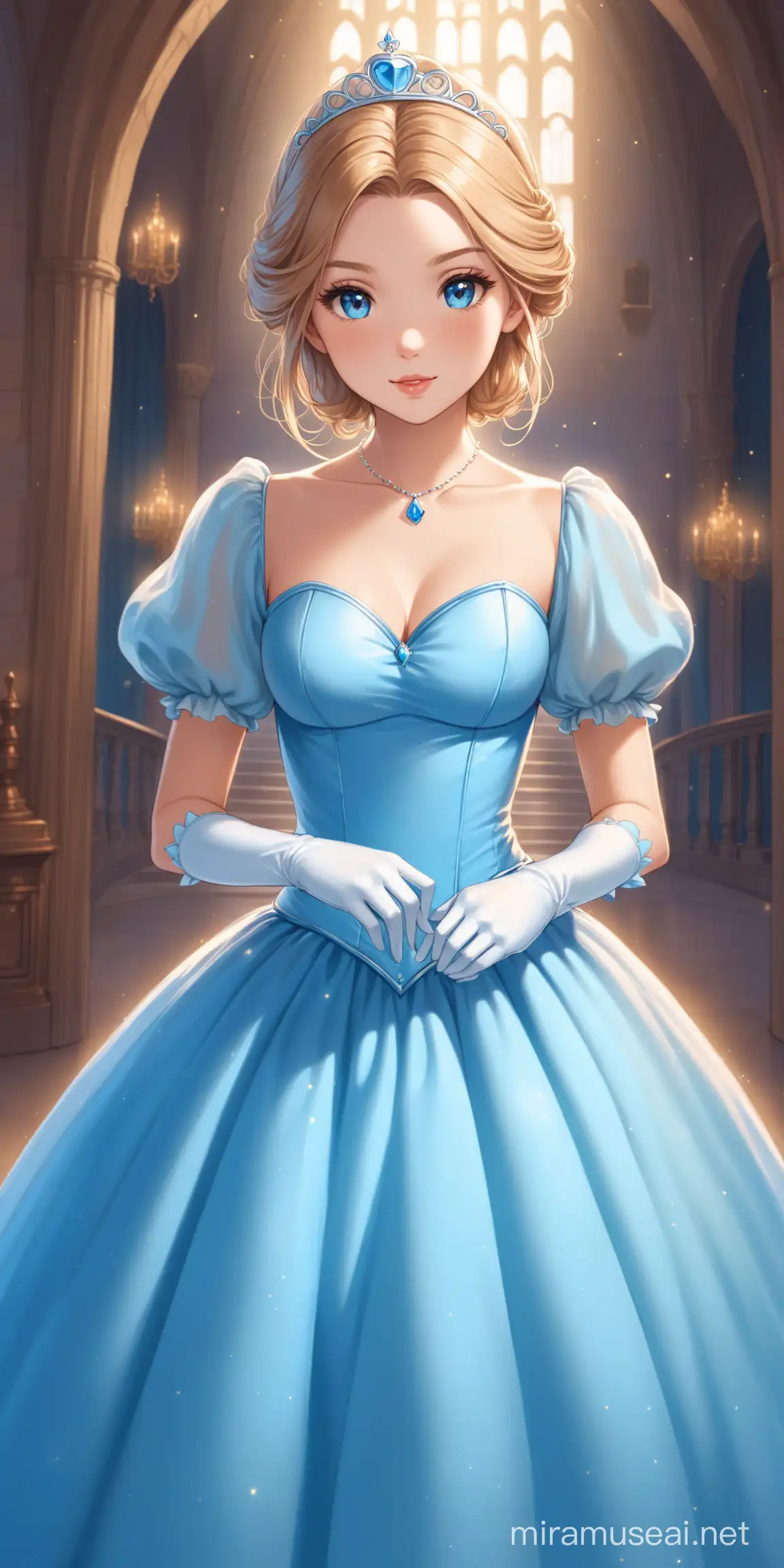 Girl in blue ballgown, puffed sleeves, gloves,Cinderella themed, front facing, looking into the camera, 