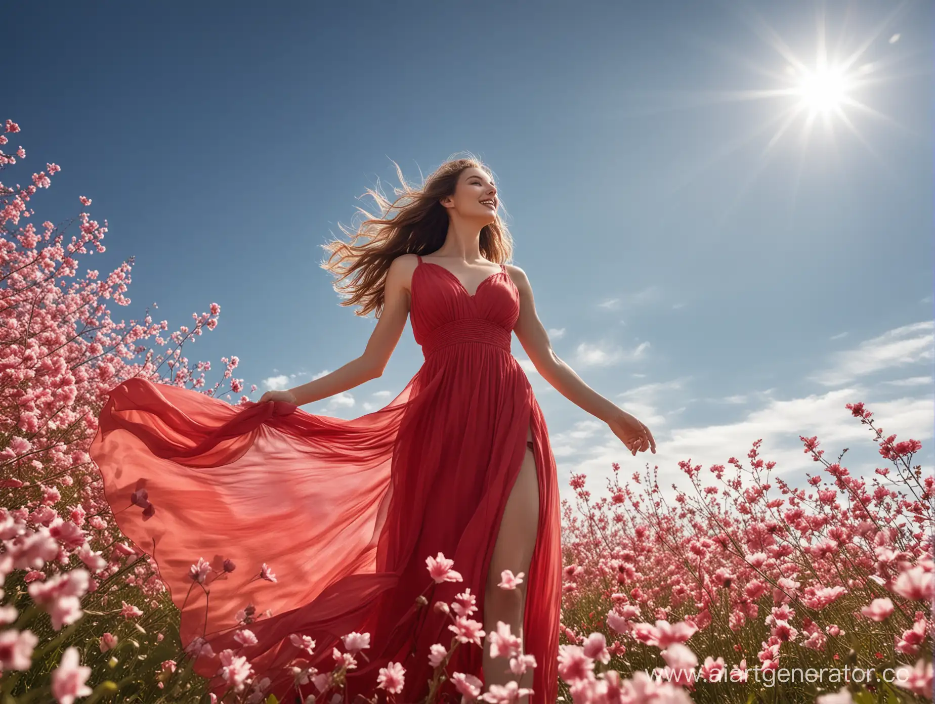 advertising photo of perfume, a model in a long red dress holding flowers on a background of blue sky with pink and white petals flying around, in the modern style of advertising photo, the whole scene is illuminated by sunlight, the whole ad should convey romance and love, the girl stands sideways and smiles at the camera, the composition is balanced, the light from above falls on her face, the atmosphere looks happy and romantic