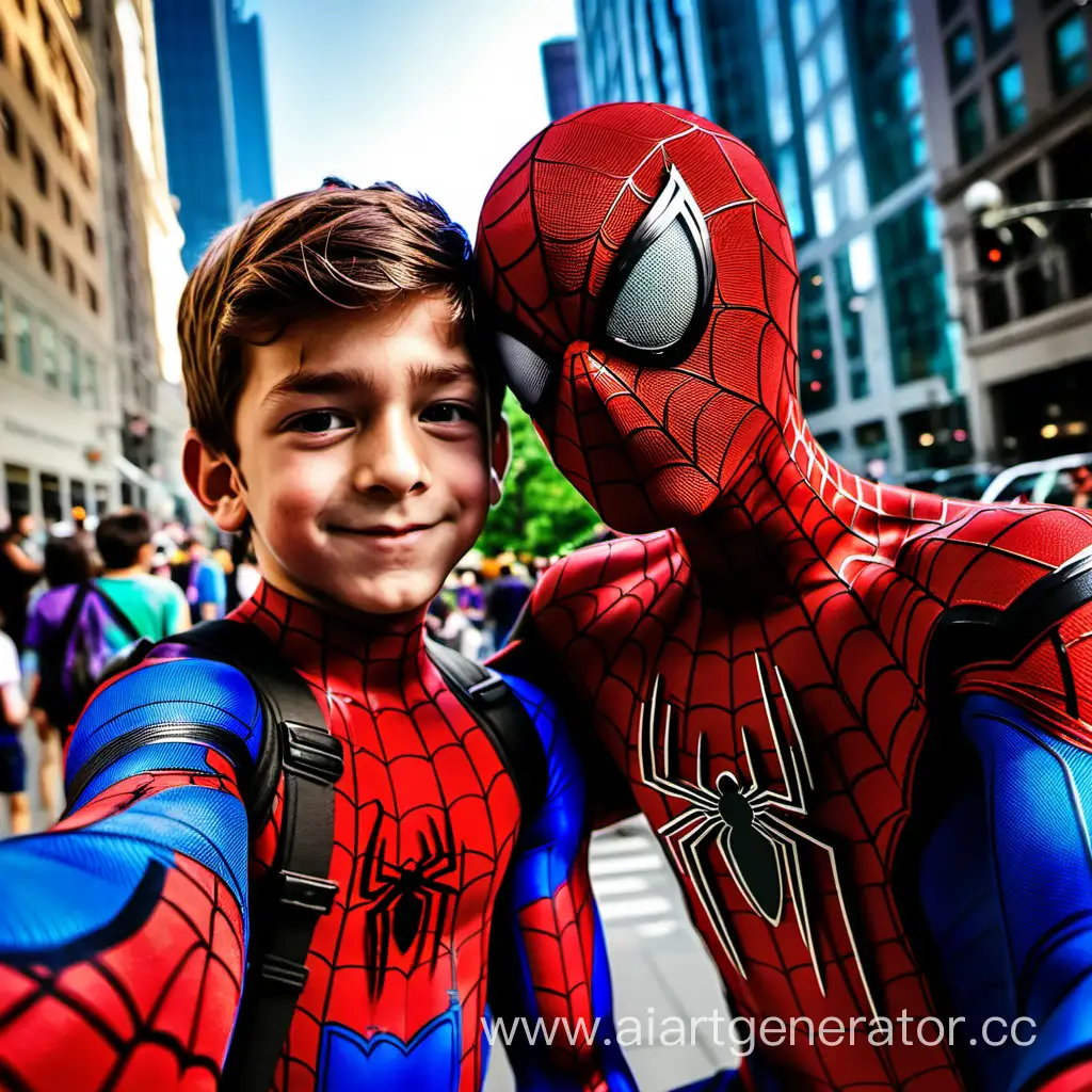 Selfie of Spider-Man embracing a boy