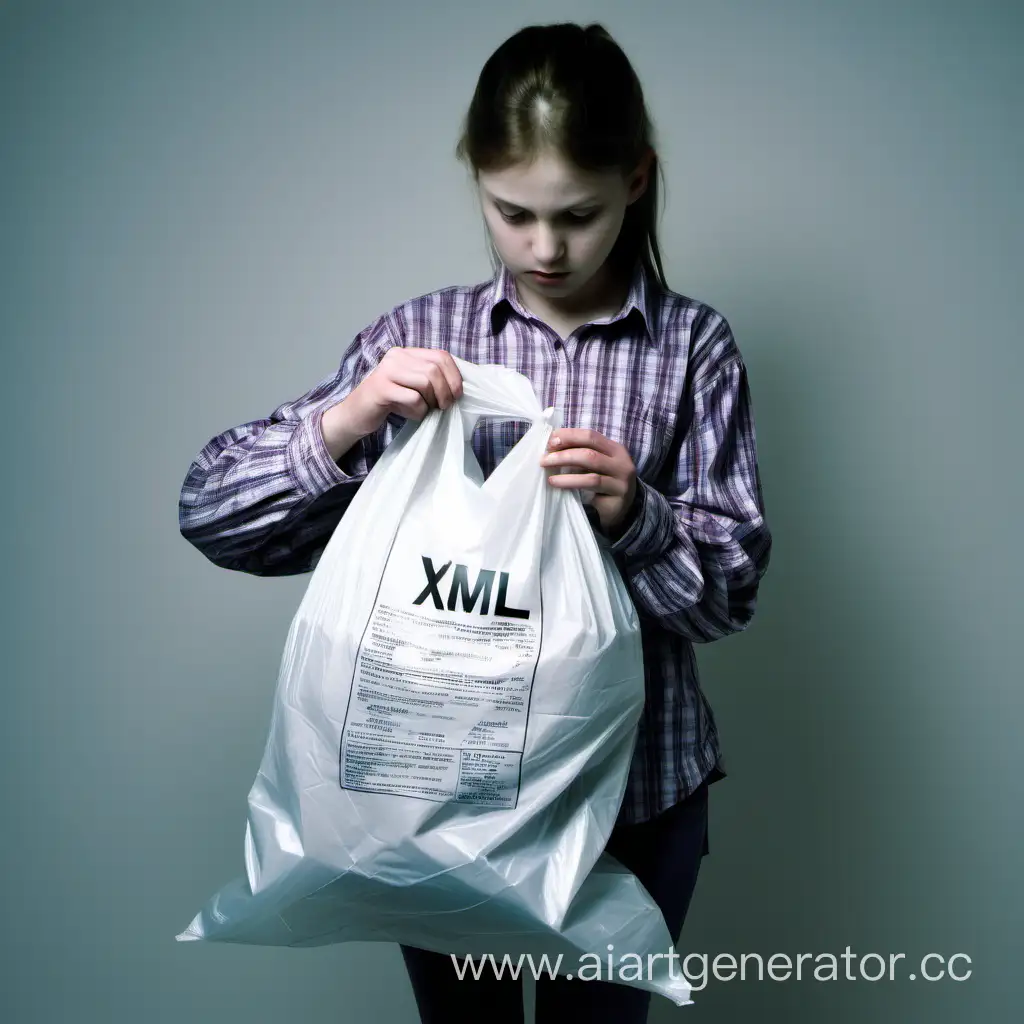 Girl-Reading-XML-Inscription-on-Plastic-BagShirt