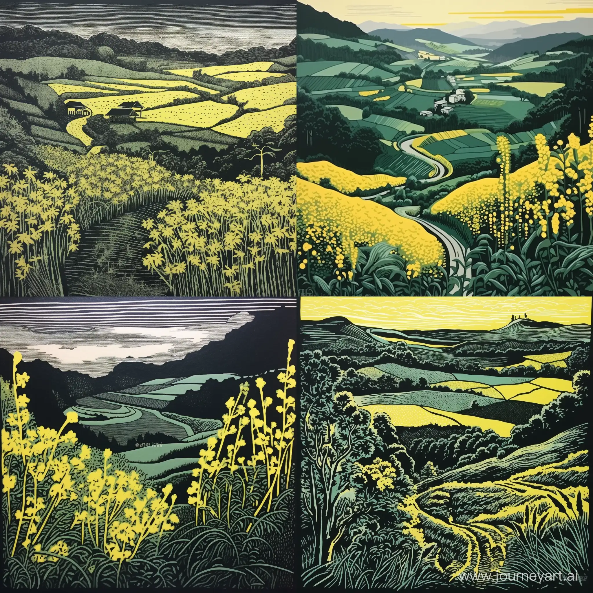 landscape,woodblock print,Spring scenery, Dark green and yellow,rapeseed fields,risograph, hand-painted style, oriental charm, overlooking angle, distant view, dark tone