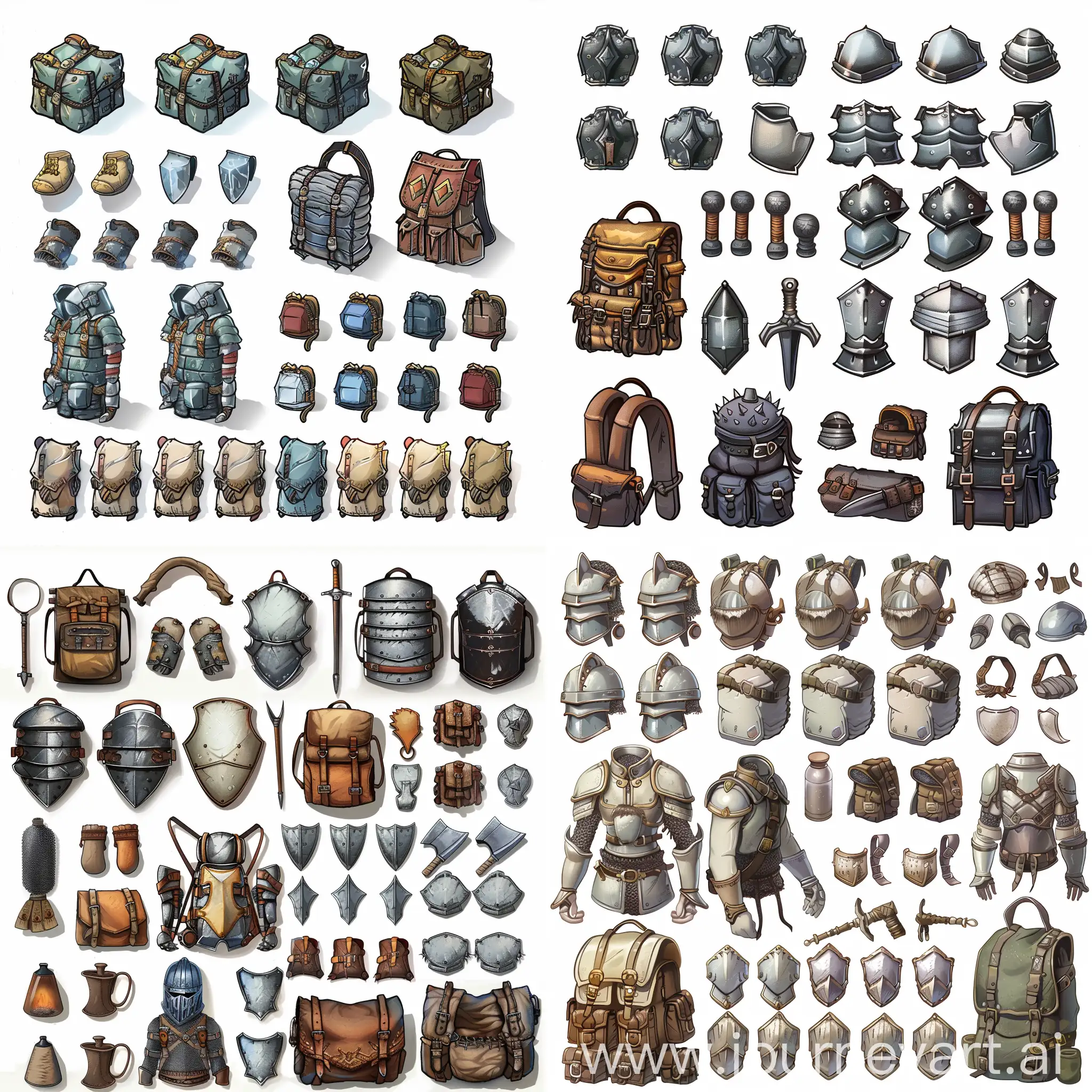 multiple item spritesheet, armour items, backpack battles game style, white background