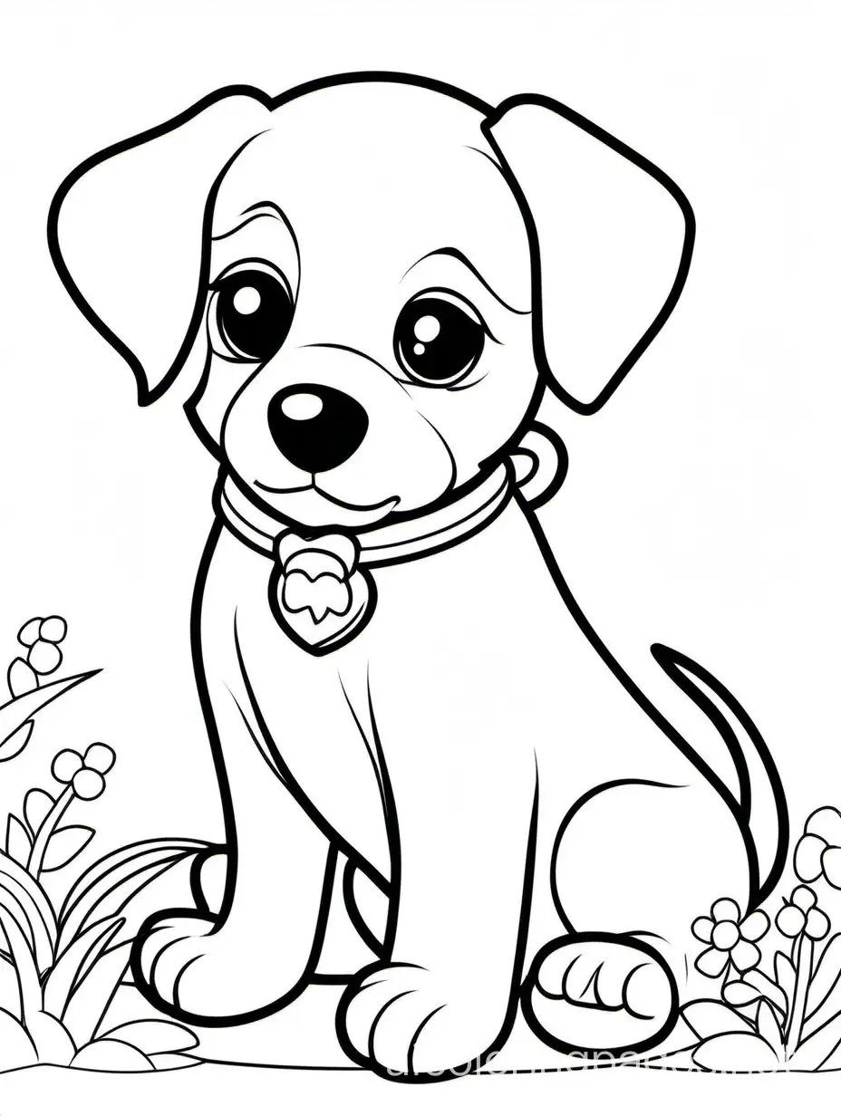 cute puppy, Coloring Page, black and white, line art, white background, Simplicity, Ample White Space. The background of the coloring page is plain white to make it easy for young children to color within the lines. The outlines of all the subjects are easy to distinguish, making it simple for kids to color without too much difficulty