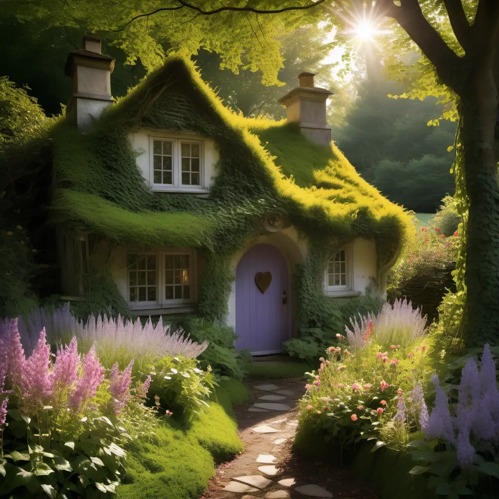 Nestled at the edge of an enchanted woodland, a charming storybook cottage emerges like a scene from a forgotten fairytale. Its quaint exterior, adorned with ivy and climbing roses, exudes an irresistible allure that beckons wanderers to step into its magical embrace.

The cottage, with its sloping roof and whimsically crooked chimney, seems to have sprung forth from the pages of a storybook, its timeworn walls whispering tales of bygone days and forgotten dreams. Soft tendrils of ivy wind their way around its weathered facade, while clusters of delicate flowers burst forth in a riot of color, painting the scene with hues of lavender, rose, and buttercup yellow.

Sunlight filters through the canopy above, dappling the ground in a soft, golden glow and casting long shadows that dance across the moss-covered path leading to the cottage door. A gentle breeze carries the scent of wildflowers and fresh earth, stirring the leaves and petals into a delicate ballet of motion and sound.

As you approach the cottage, you can't help but feel a sense of wonder and anticipation, as though anything is possible within its walls. It is a place where time stands still, where dreams take flight, and where the ordinary gives way to the extraordinary.

This is a scene of pure enchantment, a vision of beauty and whimsy that captures the imagination and invites you to lose yourself in its embrace. It is a reminder that magic exists all around us, if only we have the eyes to see it and the heart to believe.