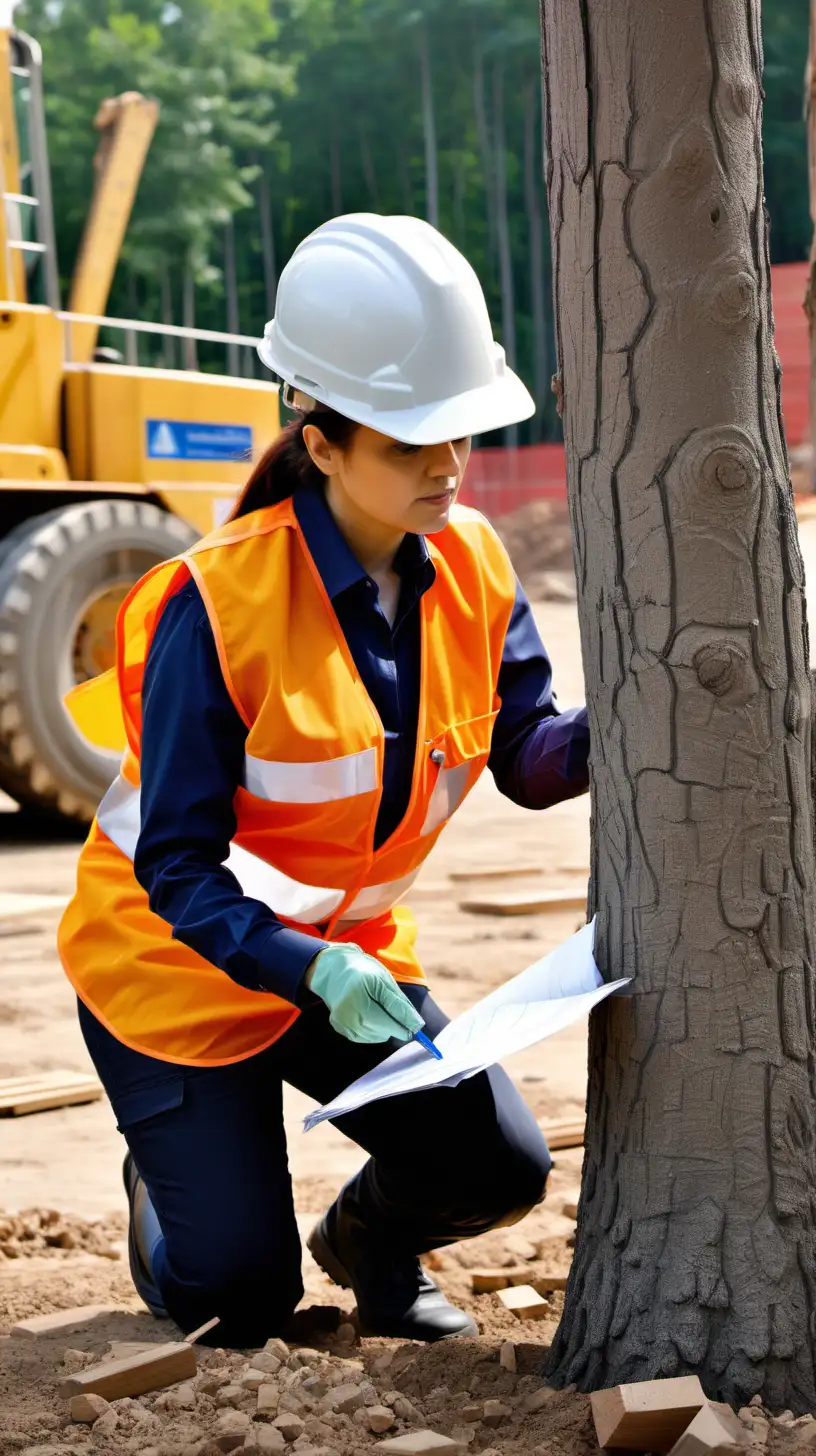 Female Environmental Officer Inspecting Tree on Construction Site