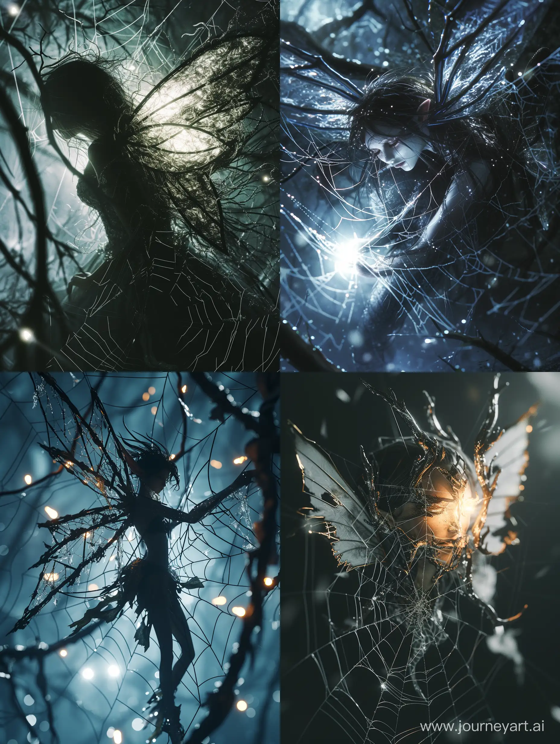Wide angle of a dim luminous fairy woman caught in a spiderweb lol, front illumination only, tattered wings, fantasy illustration,2.5D, 16k resolution photorealistic, a masterpiece, breathtaking intricate details, reflective catchlights, high quality, fairy core, dark aesthetic