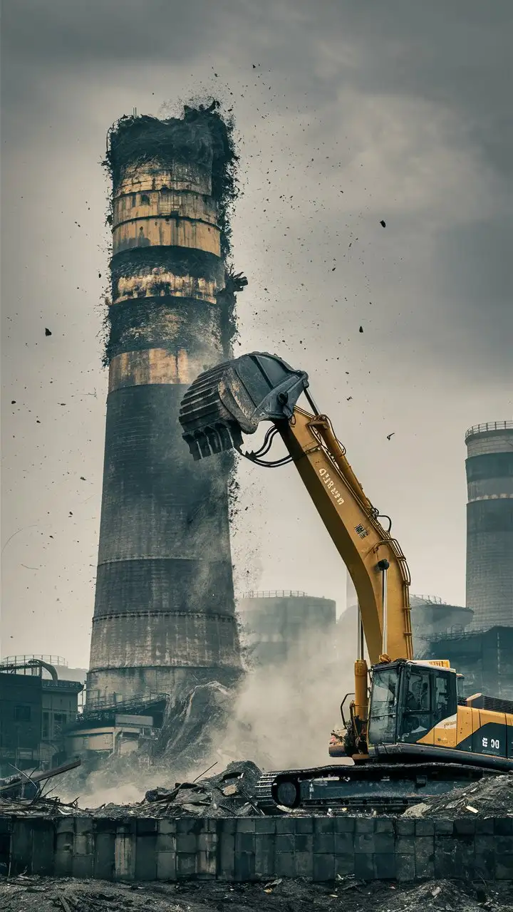 Excavator on Nuclear cooler chimney and breaking chimney 
