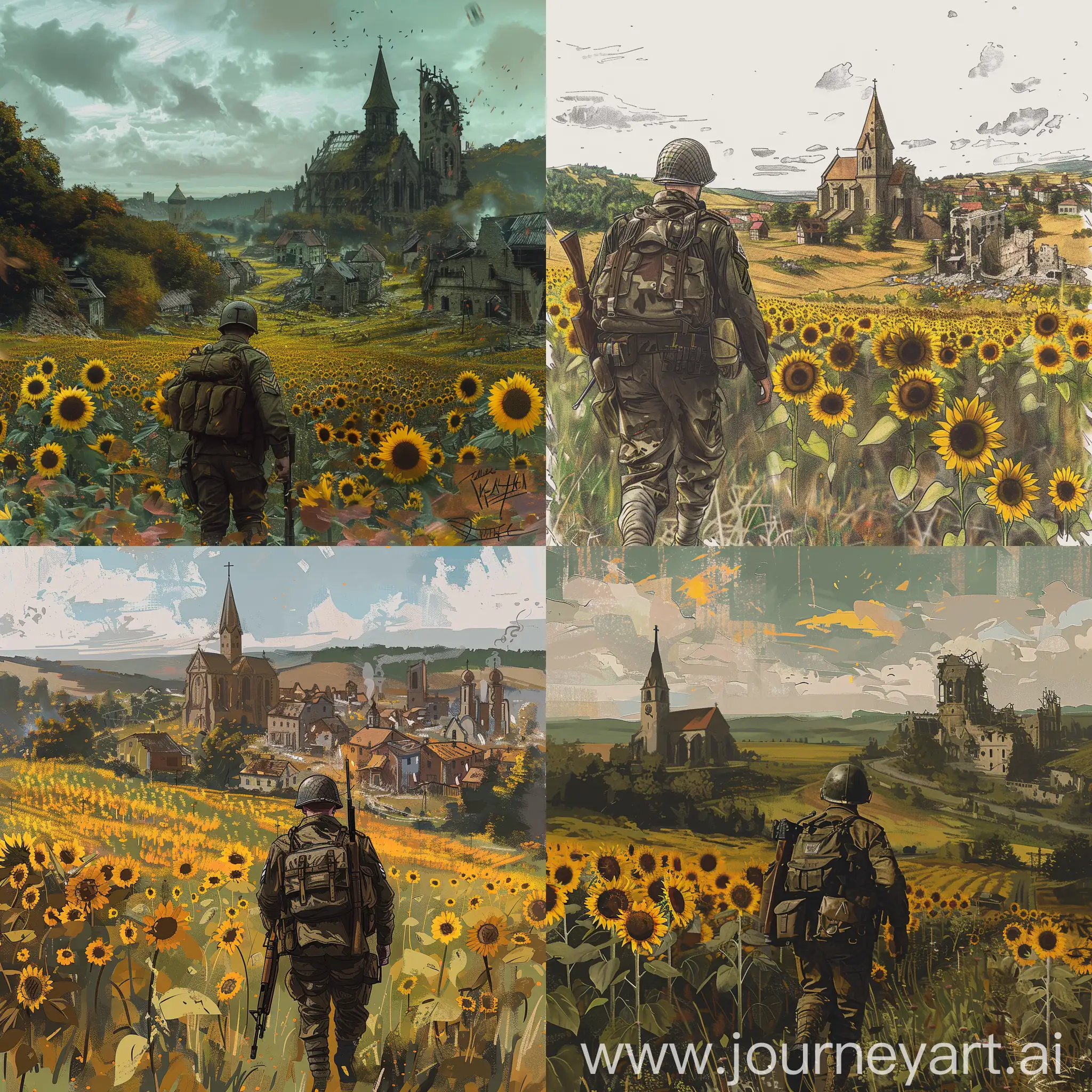 A soldier dressed in a uniform from the Second World War from the game Battlefield V walks through a field of sunflowers, and far ahead stands an old dilapidated church with one tower, and on the right a dilapidated city in a digital doodle style drawn by amateur artist