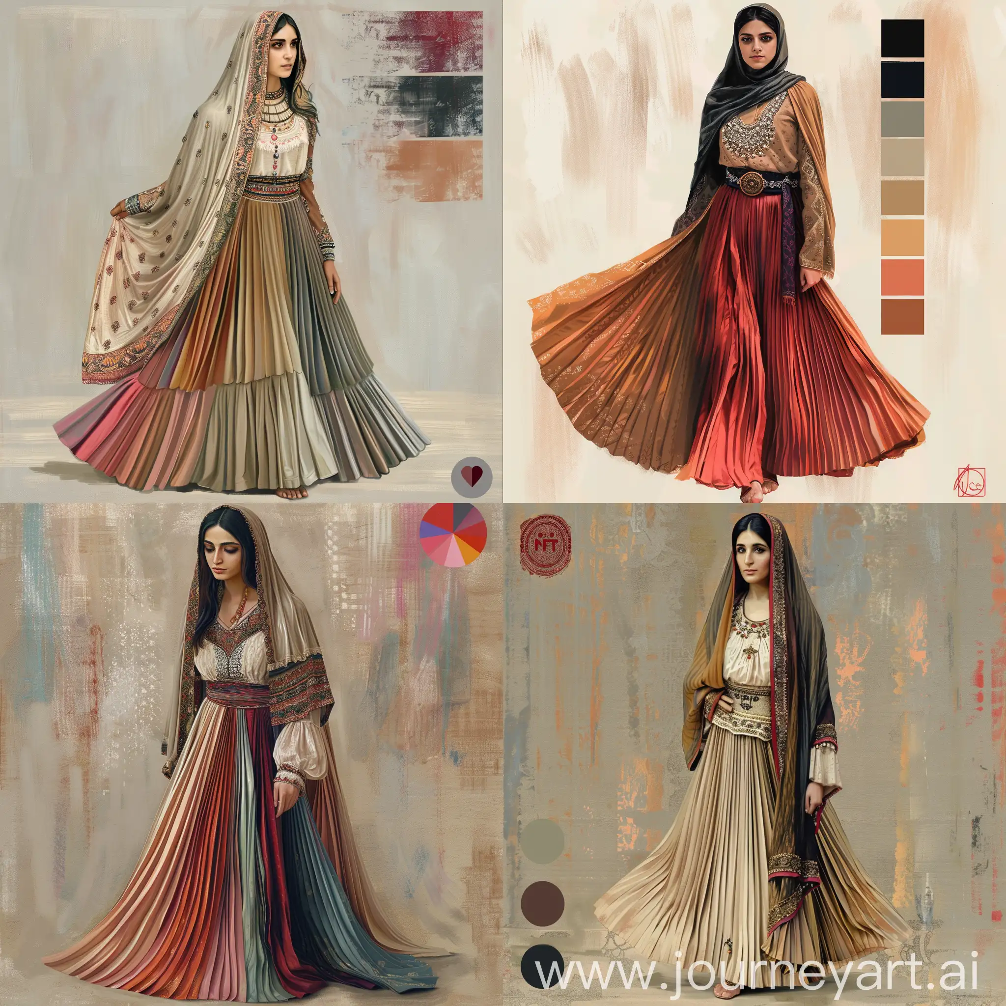   Type of Image: Digital painting, Graphic art  Description of the desired design: The image I have in mind for the NFT is of a woman in a beautiful traditional Bakhtiari outfit, one of the authentic Iranian ethnic garments including a chador, lachak, shirt, and long pleated skirt. This outfit features very beautiful designs and colors. The Bakhtiari chador is made of delicate fabric and adorned. Bakhtiari women's hair is split open on both sides of the face and flows over their shoulders. The lachak and clothing of Bakhtiari women are decorated with needlework and embroidery. These women have adorned their outfits with jewelry to enhance their beauty. The long and pleated skirts of these women are made of high-quality fabric and vibrant, energetic colors.   My sales goal is to target women and enthusiasts of identity, culture, and history. My aim is to showcase the authenticity and beauty of Bakhtiari local attire and the power and beauty of Bakhtiari women.  Color palette for this design:  1. Red: 