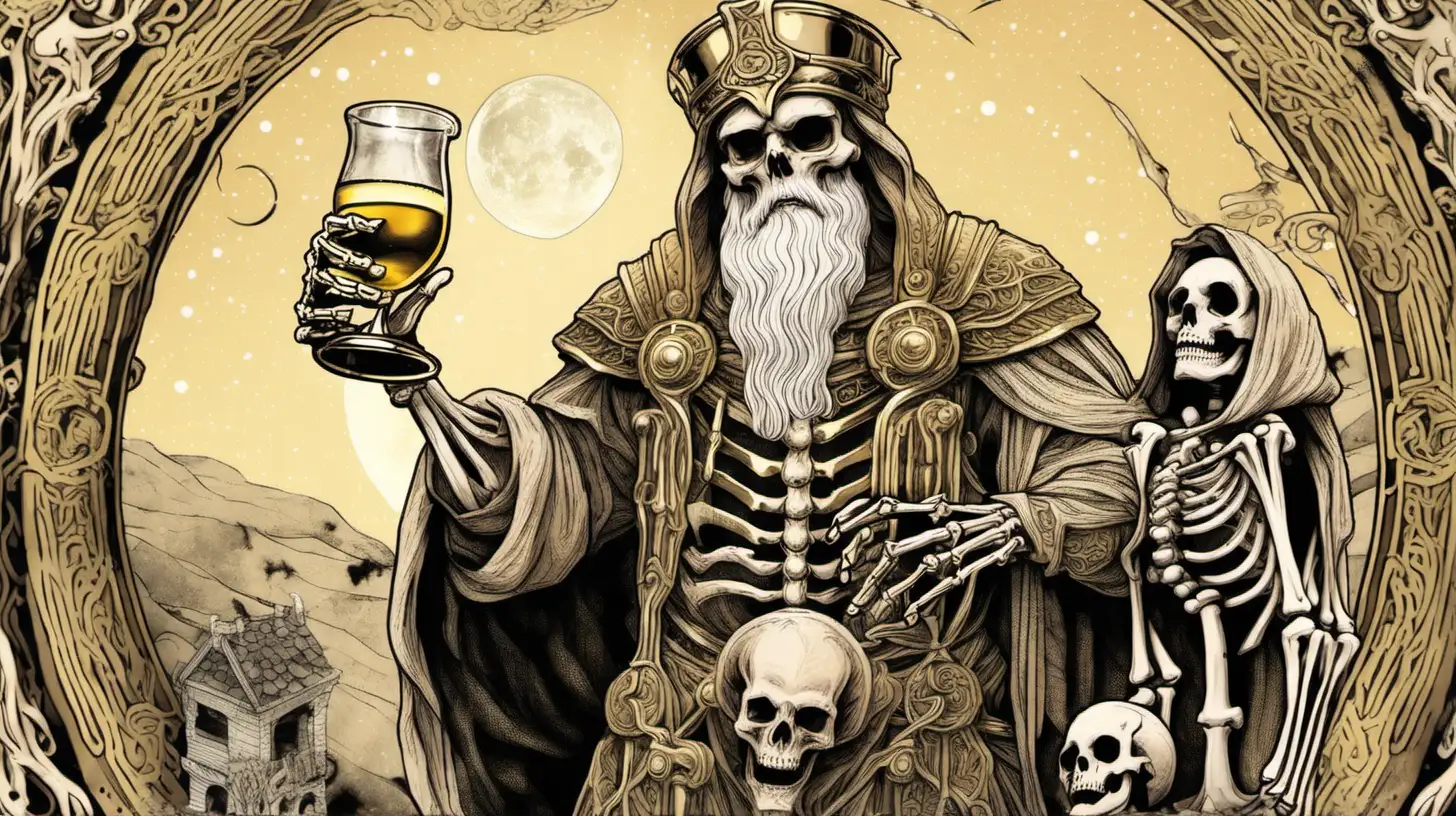celestial Odin holding a glass of mead with a skeleton