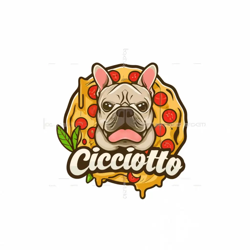 logo, pizza, french bulldog, 2023, Italy, with the text "cicciotto", typography, be used in Restaurant industry