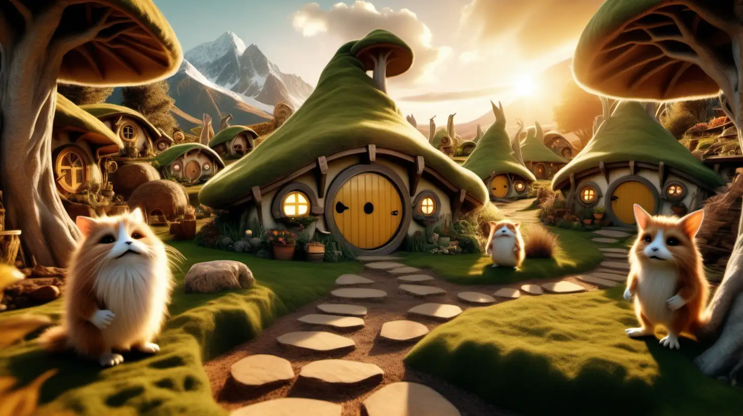 a magical land with cute furry aliens and hobbit houses, 4k, photography, realistic, wide angle 24mm, landscape, golden hour, warm lighting