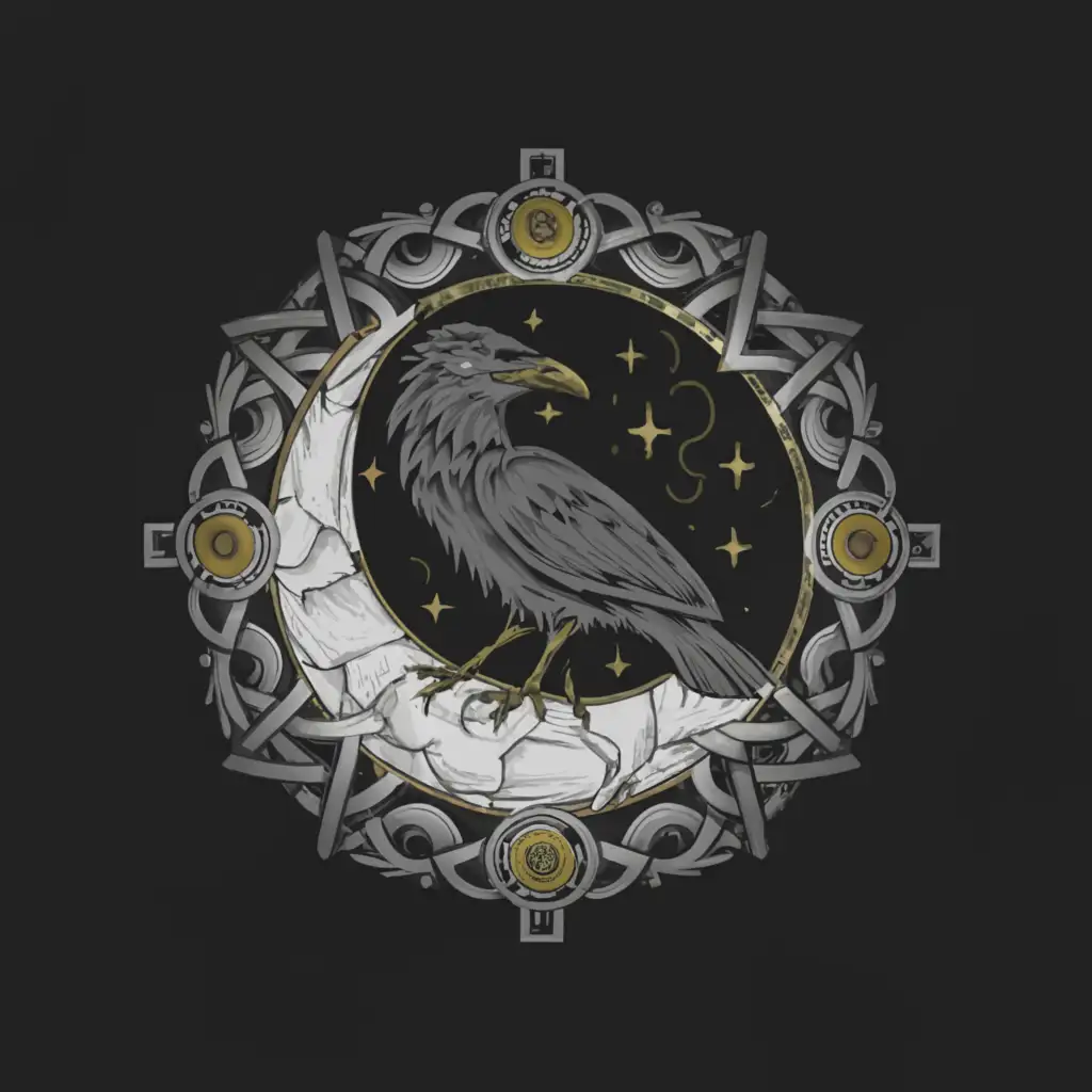 a logo design,with the text "Raven's Treasure", main symbol:Raven, moon, crystal, norse,complex,clear background