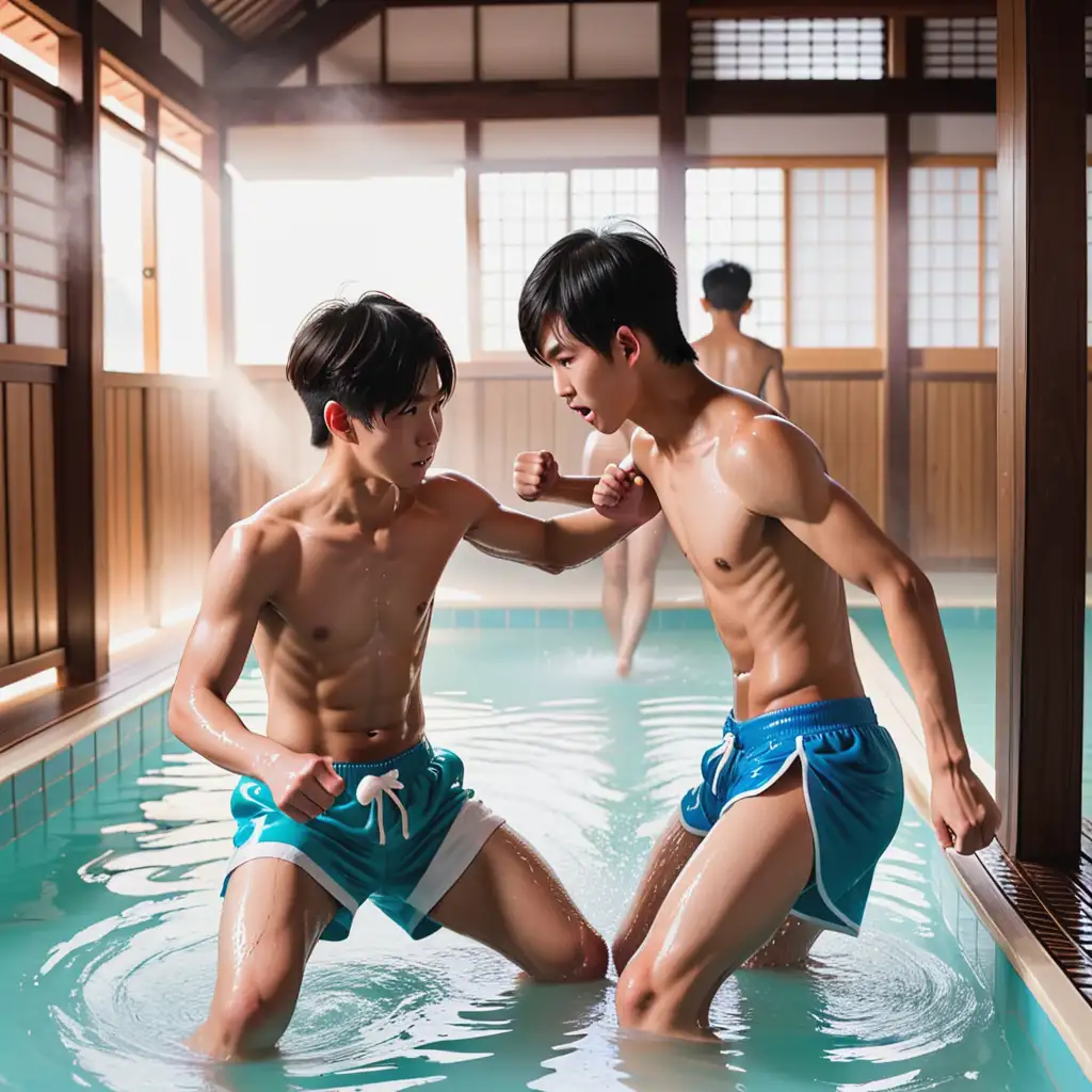 Asian Teenage Boys Playfully Sparring in a Vibrant Bathhouse Scene
