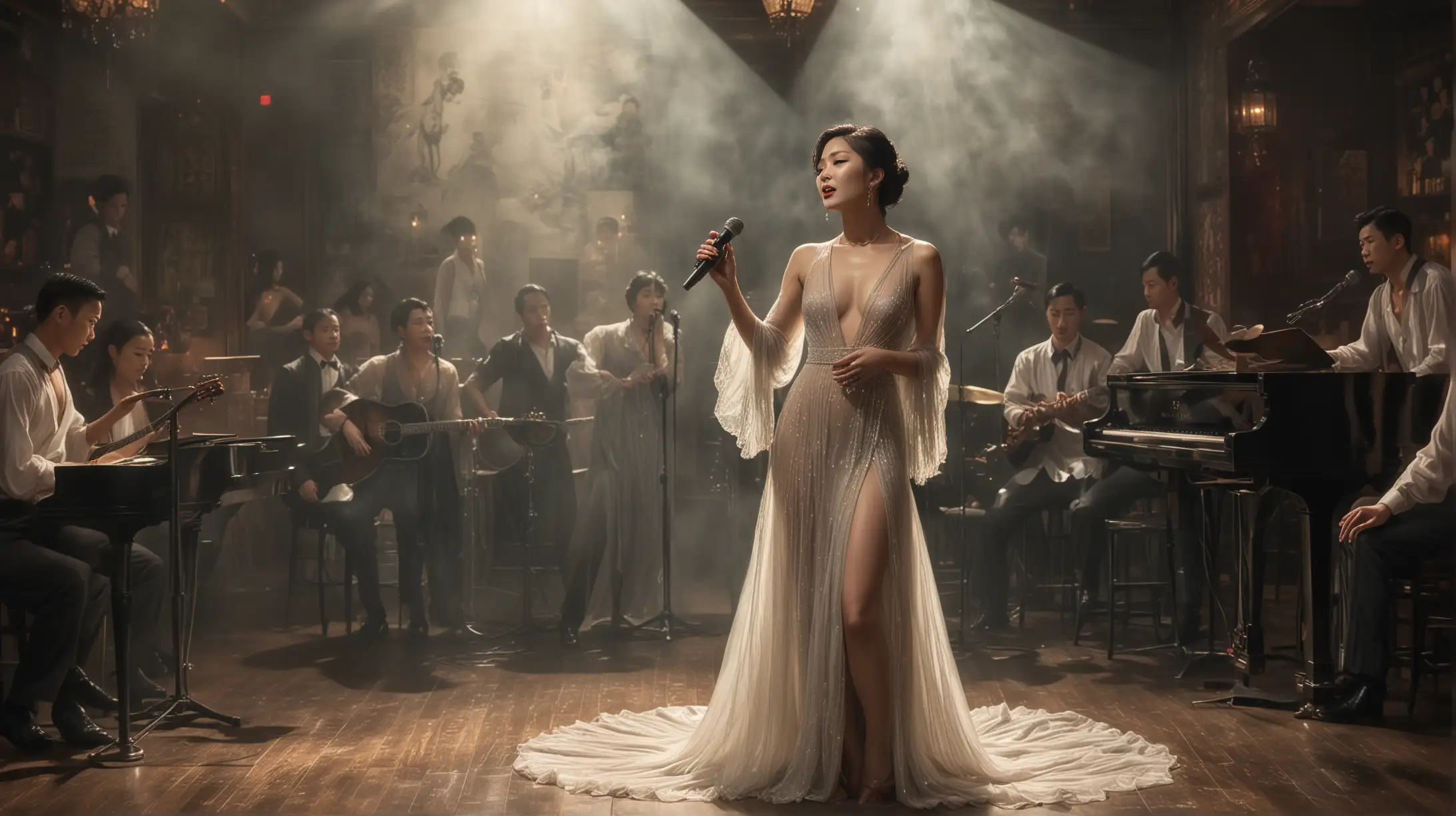 Chinese singer in a low-cut sheer gown, singing in a small prohibition era nightclub, smoky sensual atmosphere, dimly lit except for the figure of the singer, narrative style painting