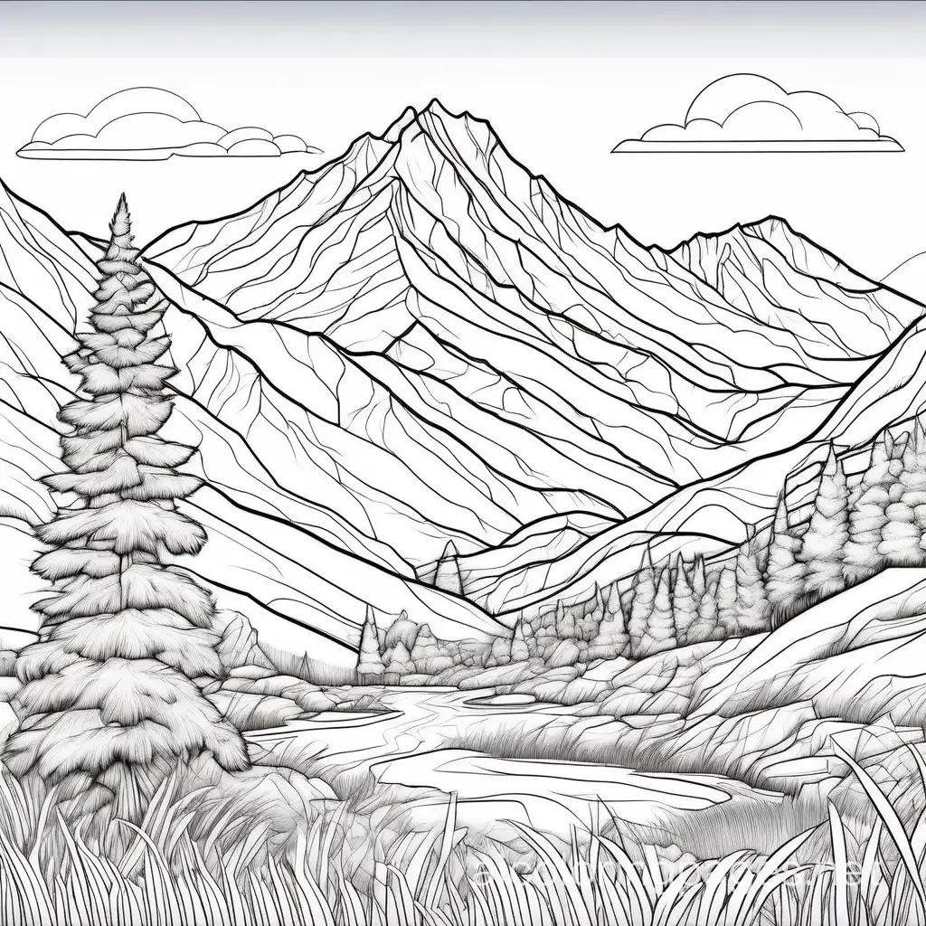 Coloring book artistic image of 2d drawing, ink lines, sketch style, line art very detailed, high resolution, object in the centre, on white background, mountain with grass surrounded, Coloring Page, black and white, line art, white background, Simplicity, Ample White Space. The background of the coloring page is plain white to make it easy for young children to color within the lines. The outlines of all the subjects are easy to distinguish, making it simple for kids to color without too much difficulty