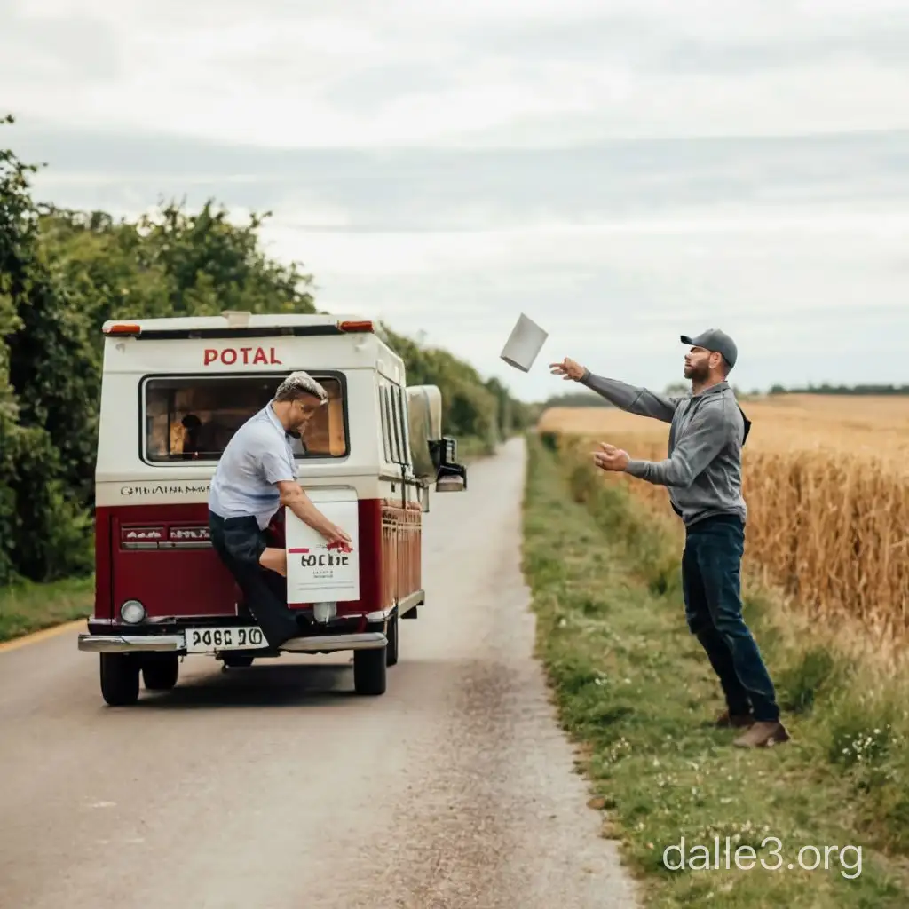 a postman sitting in a postal van throws a small white package to a man standing on the side of the road in the countryside