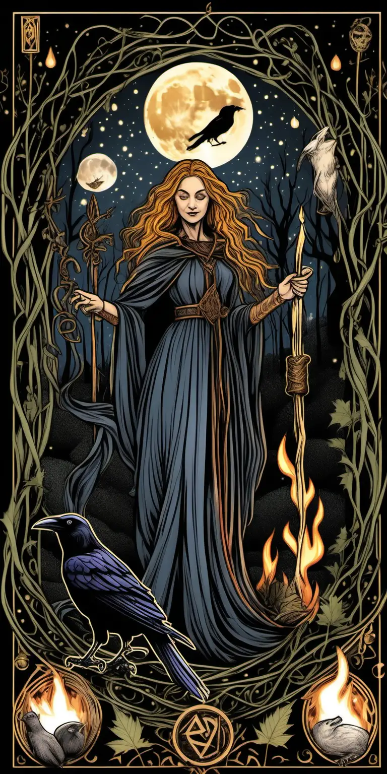 a Norse pagan woman , tarot cards, a crystal  wand, a fire, a raven, a moonlit night. a vine border around the picture