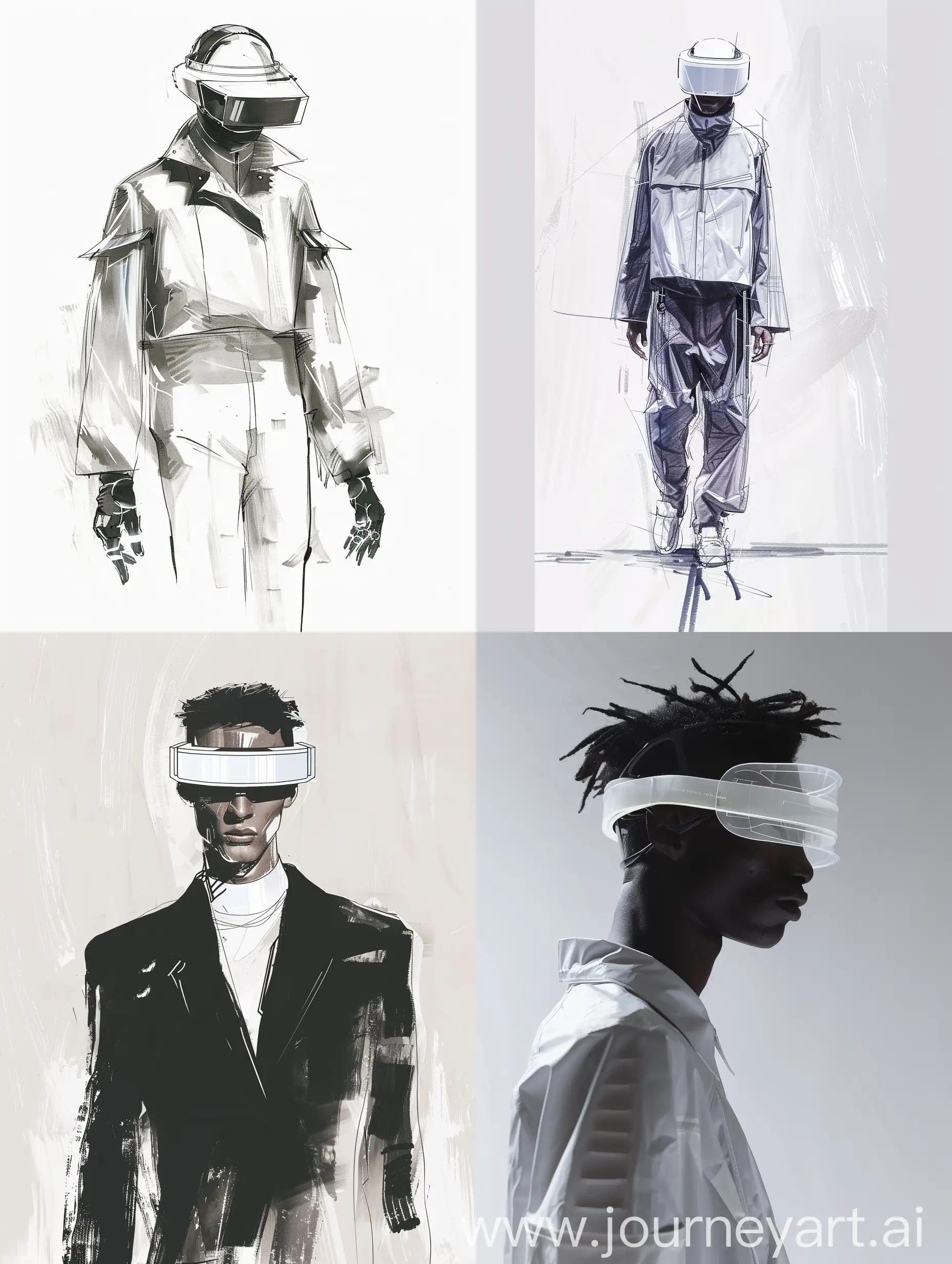 Futuristic-Male-High-Fashion-White-Plastic-Visor-Runway-Sketches-Minimalist-Illustration