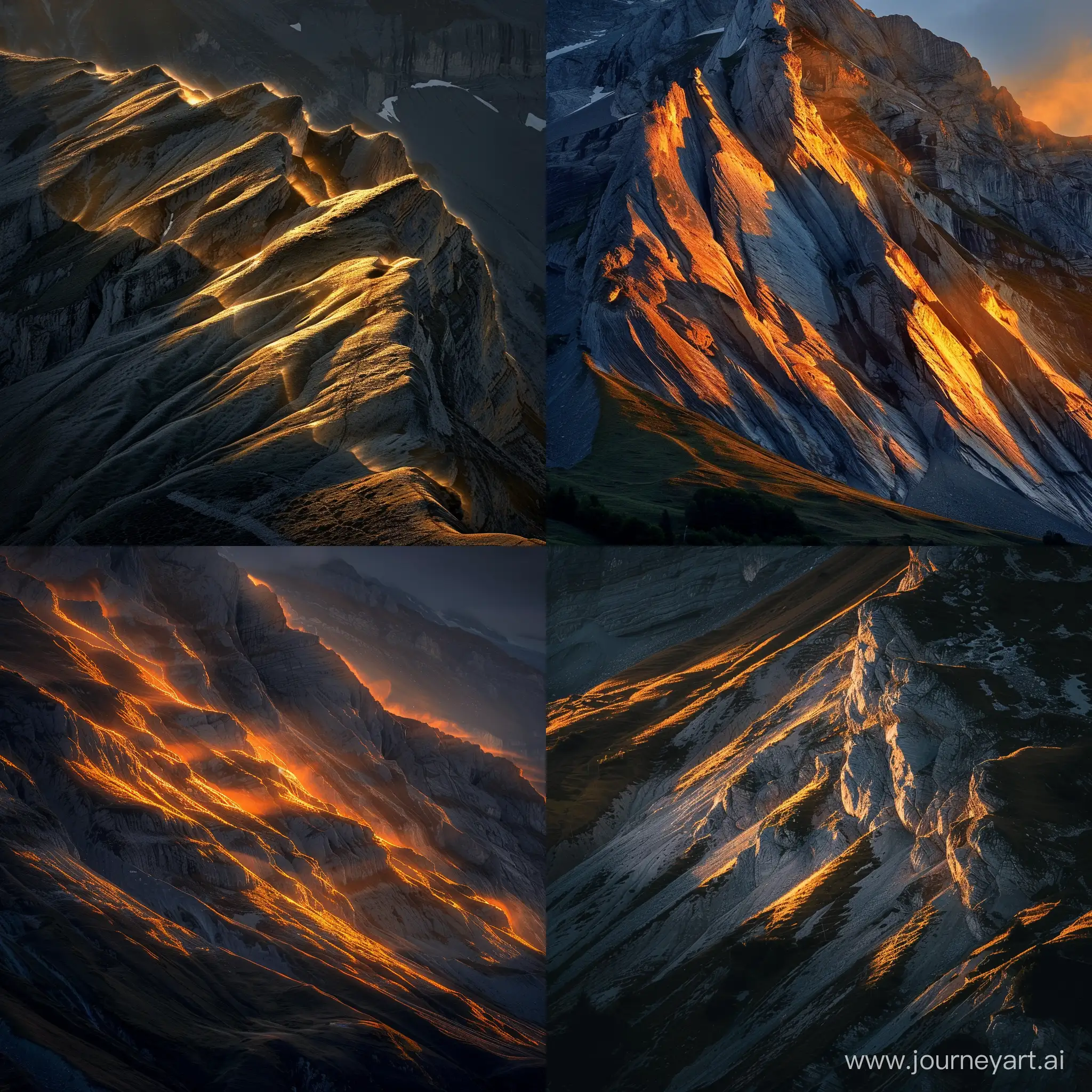 Generate an image of a mountain in Switzerland during the golden hour with unique and cool lighting effects. The play of light and shadows creates a visually stunning composition, highlighting the natural beauty of the mountainous terrain.
