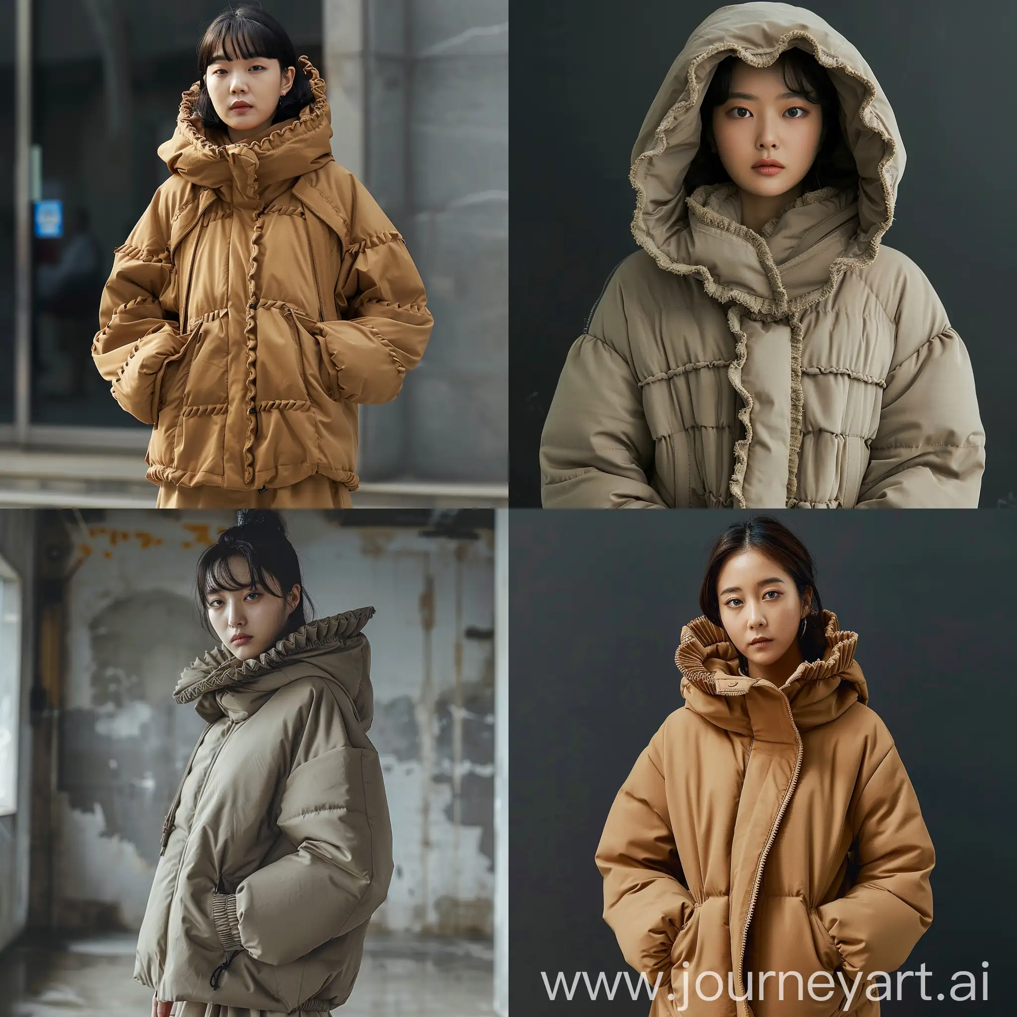 A 25-year-old Korean female model wearing a standing collar hooded light brown down jacket with serrated stitching, exaggerated collar, loose fit, Korean style, minimalist style, exquisite details, panoramic view, full body view