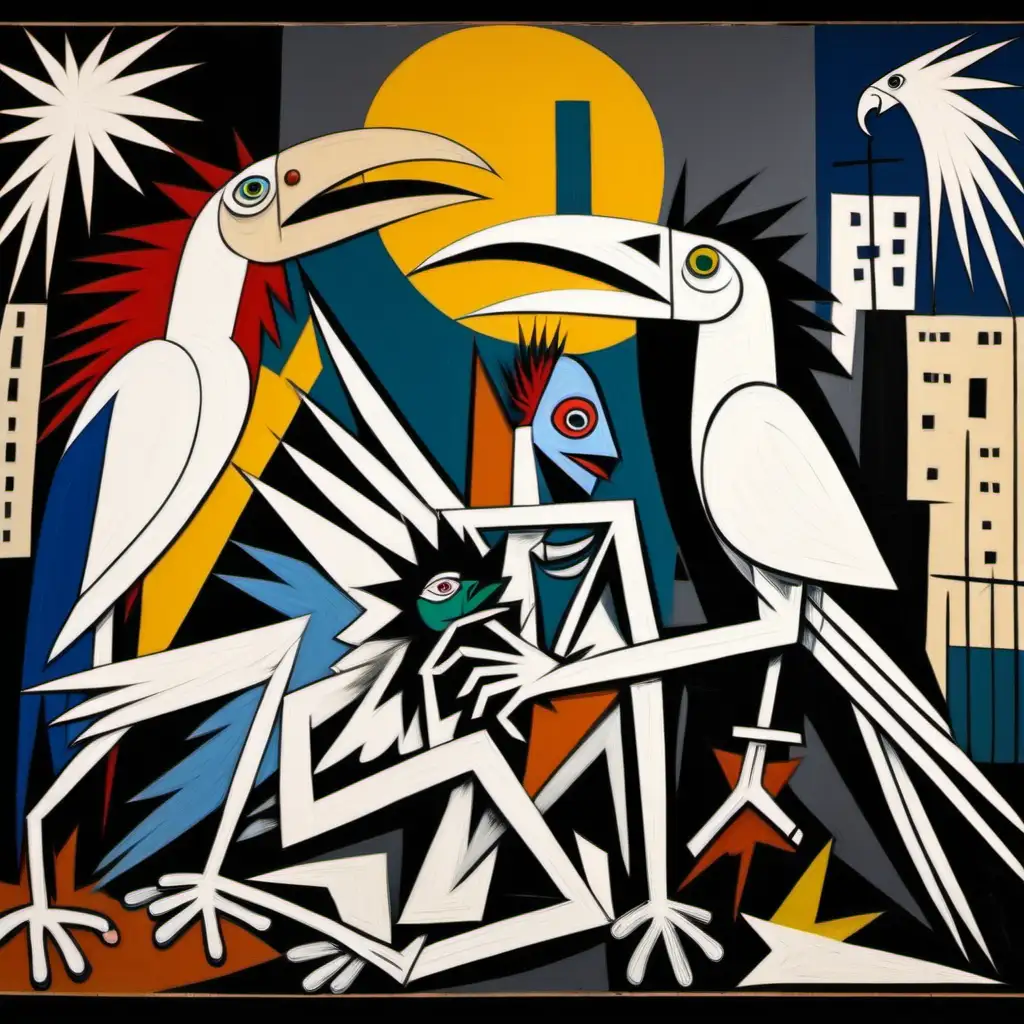 Guernica les perroquets  style  artistique de basquiat et  picasso  ,multicolore 