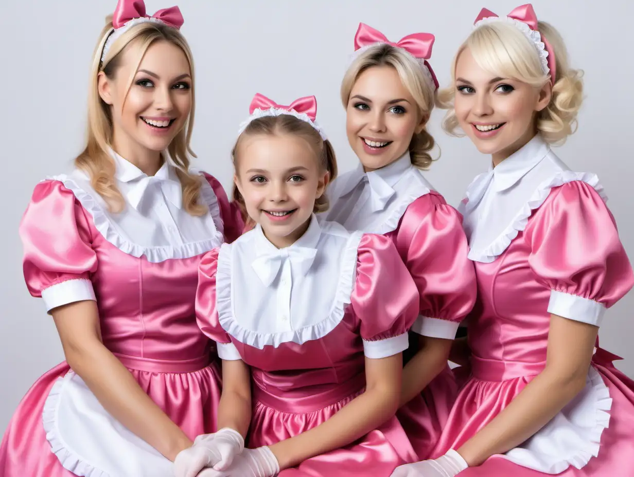 two black and blonde hair  mothers and their litle daughters in satin dark pink english maid uniforms smiled by their mistress dental