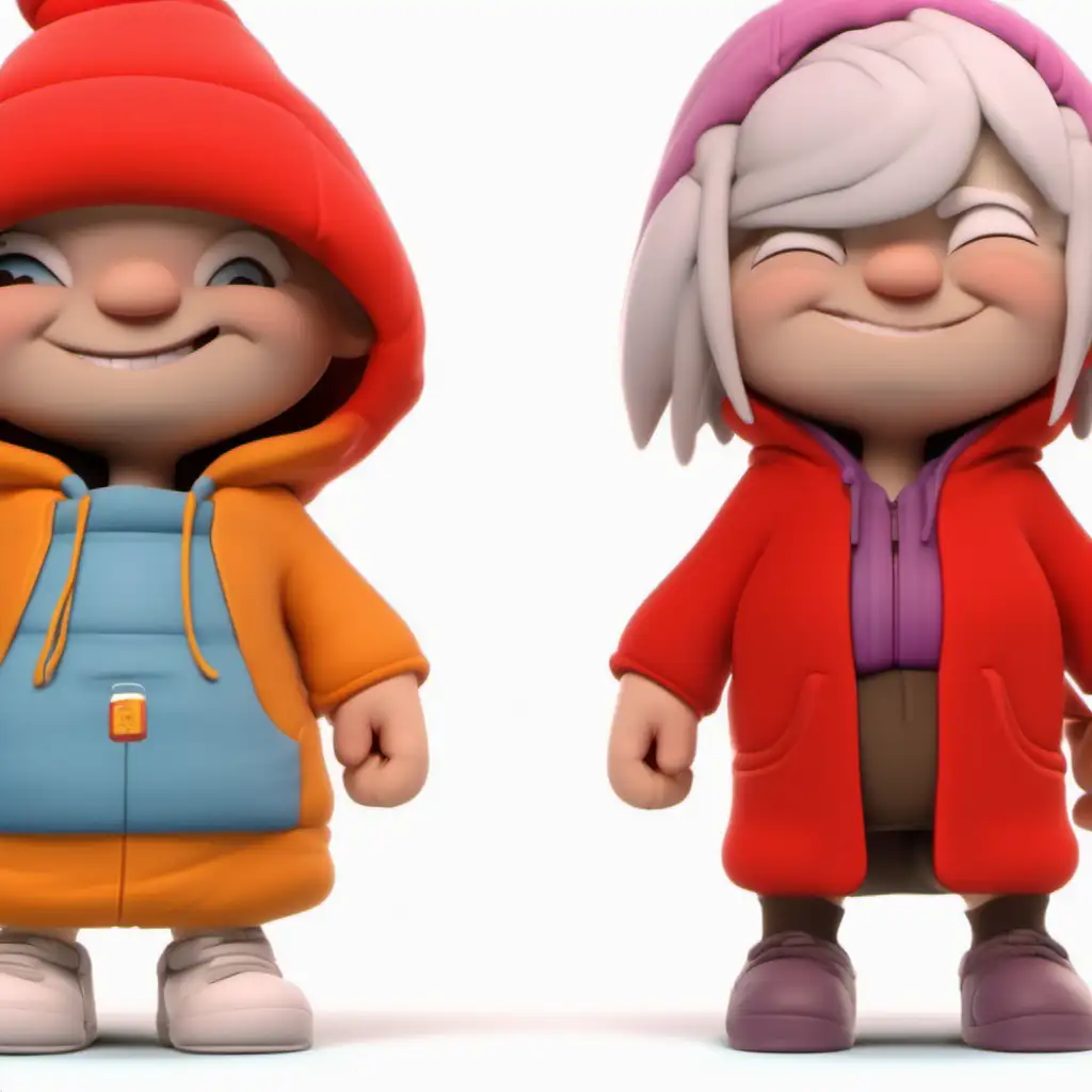 keep the characters as they are but make one of them tall, with white hair and a big smile and the other one with the hoodie and a grumpy face. background should be an animated 3d kitchen. 