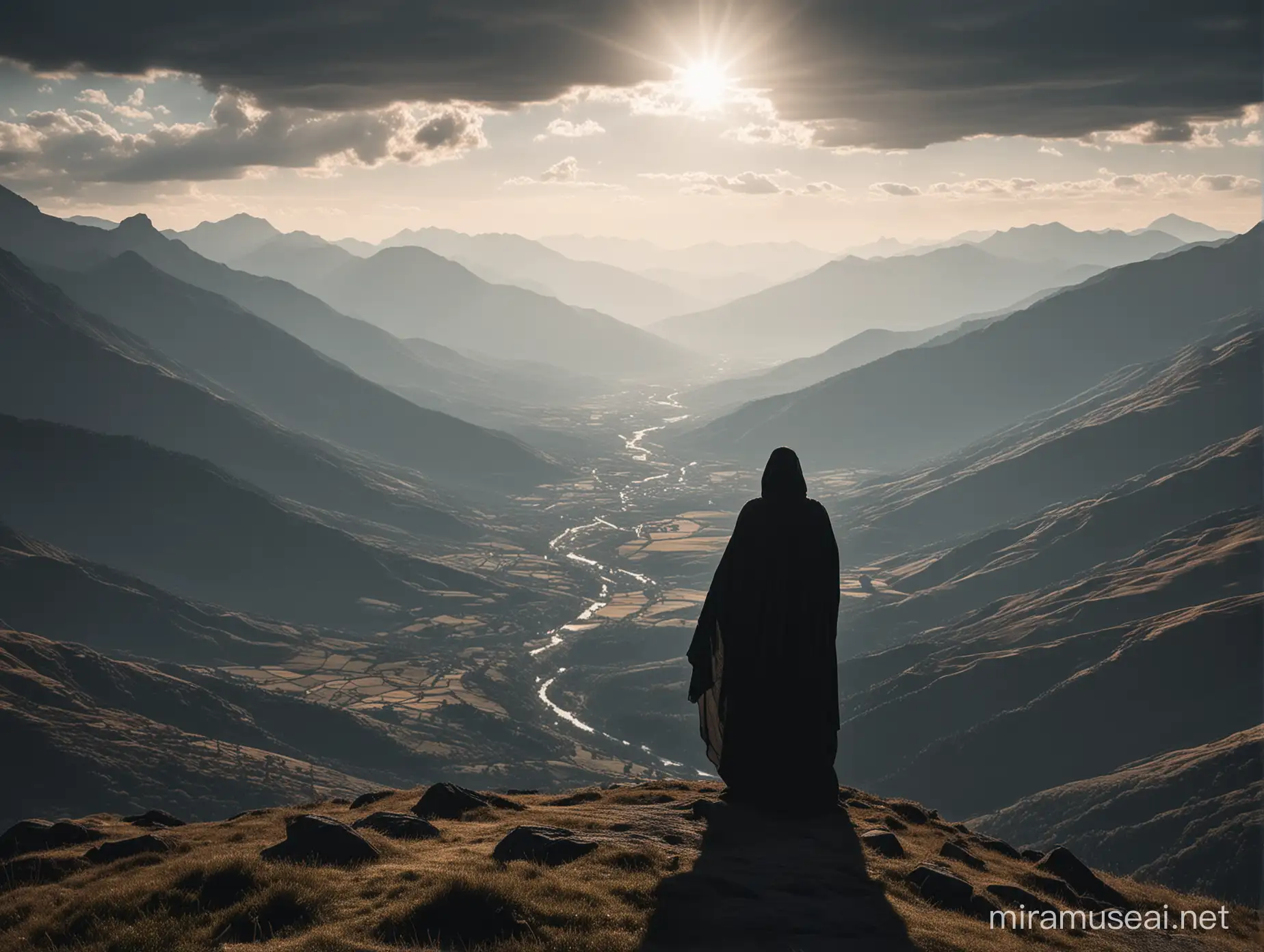 A dark silhouette of someone wearing a long flowing cloth, on a mountain top, overseeing a glorious valley , in broad daylight 