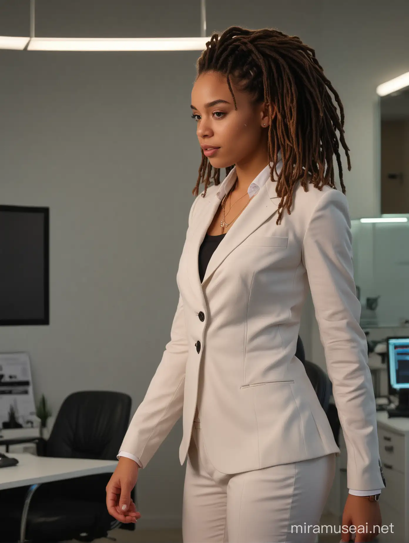 4K full length image of an very beautiful carribean lightskin woman 20 yo with beautiful fine dreadlocks in professional office suit  with intricate lines that glow in the dark. candid celebrity shots, uhd image, body extensions, natural beauty --ar 69:128 --s 750 --v 5. 2