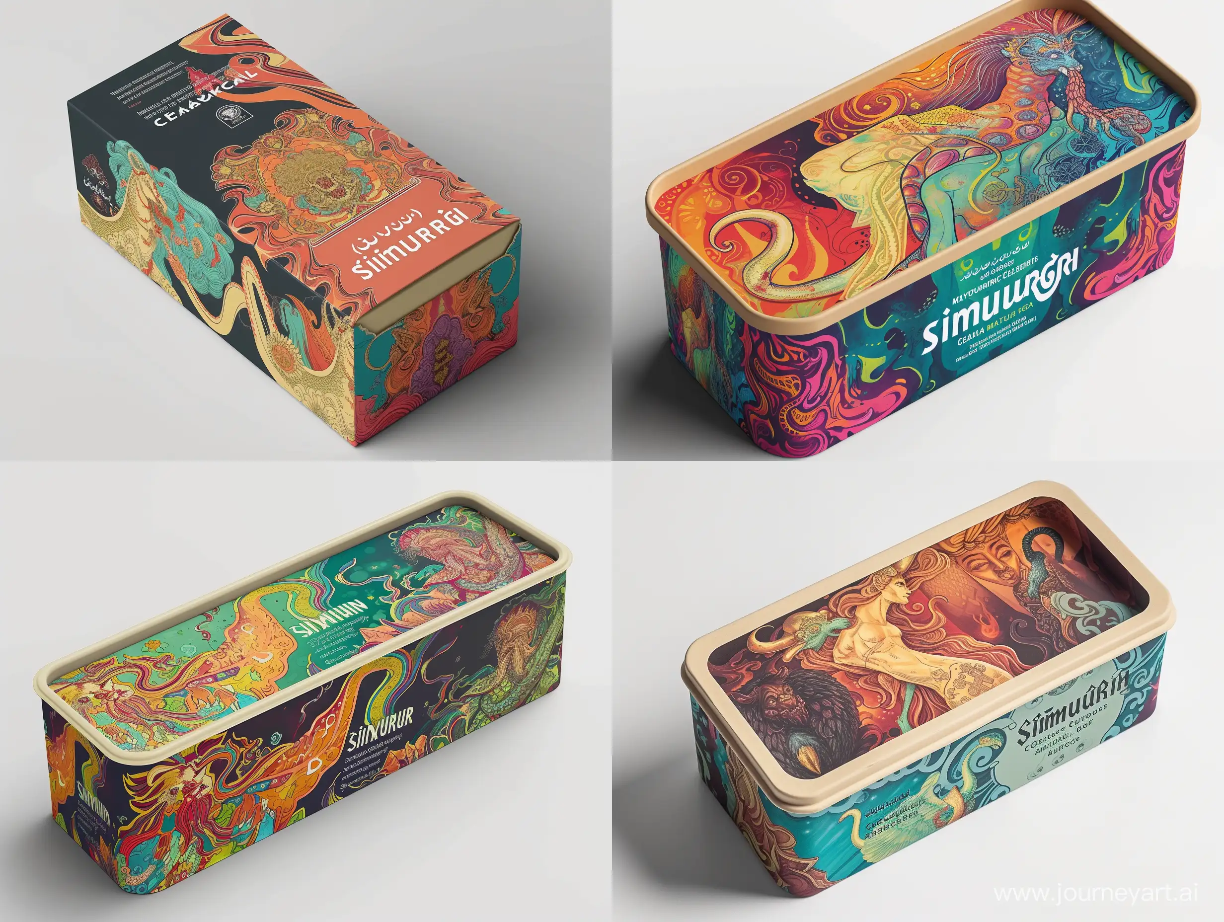 imagine an image of : "Persian Mythical Creatures" Ice Cream Packaging Series
Visual Features:
Shape and Structure: Rectangular box with a top-opening lid.
Color and Texture: Varied vibrant colors representing each mythical creature; matte finish.
Graphics: Artistic renditions of mythical creatures like Simurgh, with detailed backgrounds.
Logo/Font: Bold, traditional Persian font for the brand and product name.
Materials: Premium matte cardboard.
Size: Standard ice cream tub dimensions, approximately 6 inches long, 4 inches wide, and 2.5 inches high.
Additional Details: Mythical stories and lore associated with each creature printed on the back.realistic style