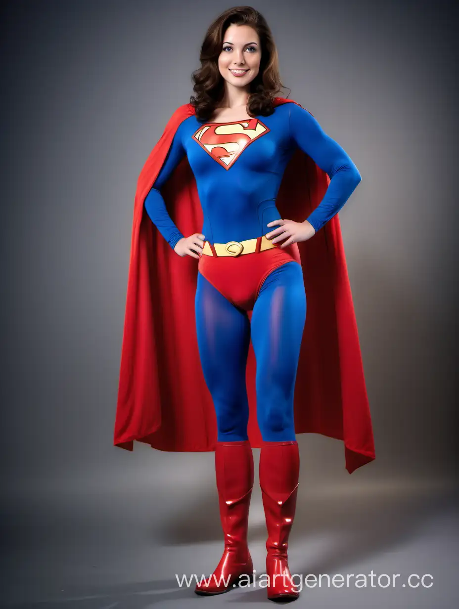 A beautiful woman with brown hair. Age 27. She is happy and muscular. She is wearing the classic Superman costume from “Superman The Movie", with (blue opaque leggings), (long blue sleeves), red briefs, red boots, and a long cape. She is posed like a superhero: strong and powerful.