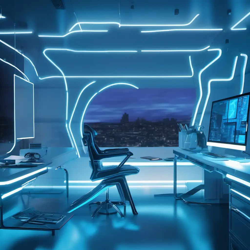 Futuristic Office Space with Minimalist Blue Neon Chairs