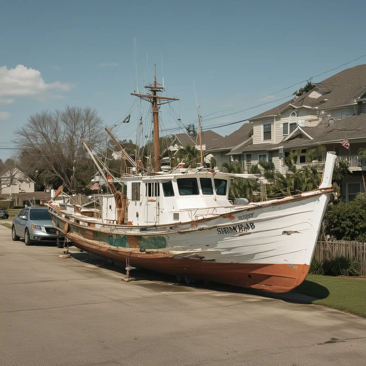 shrimp boat in house driveway suburban neighborhood
