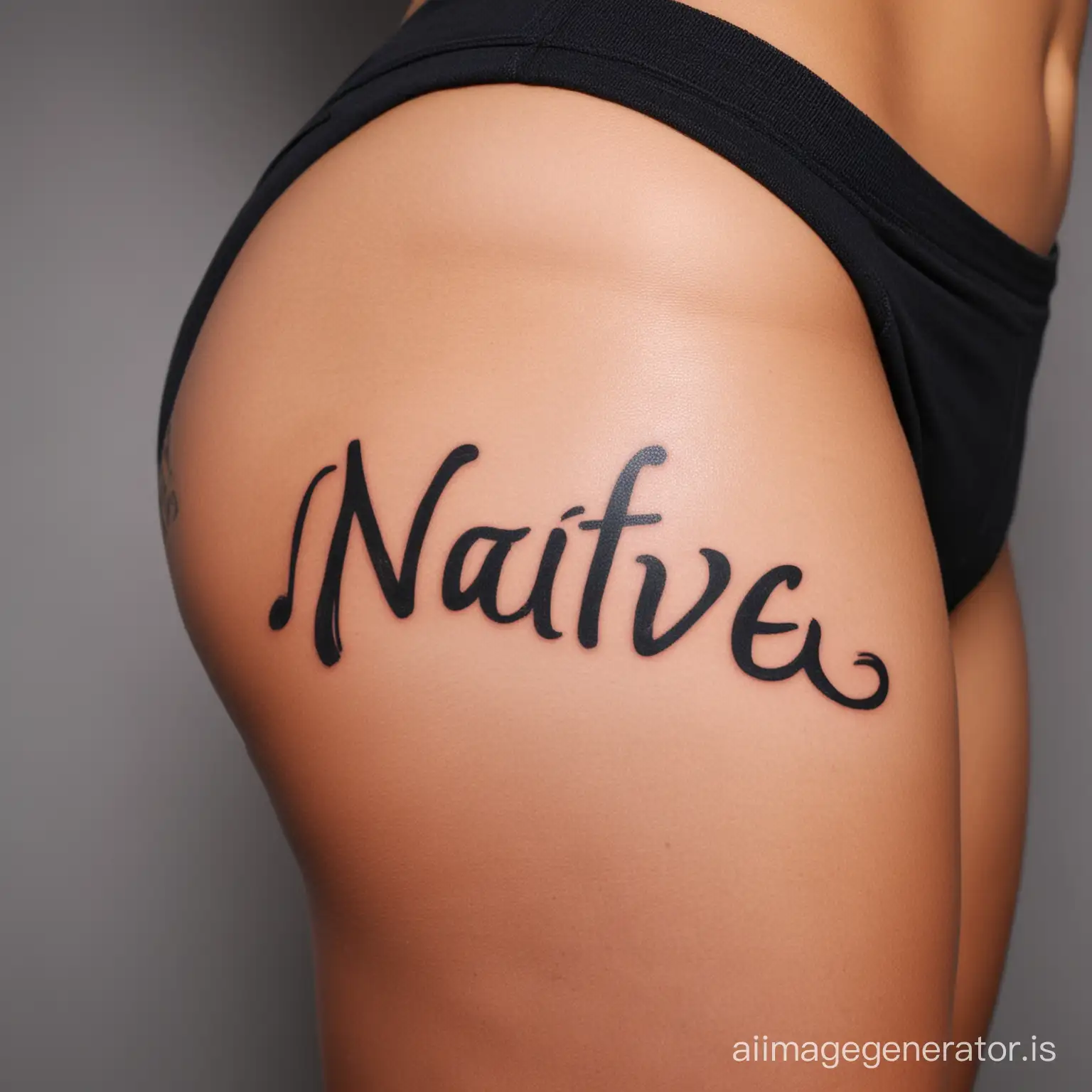 The words Native Naka tattooed on a latin girls inner thigh