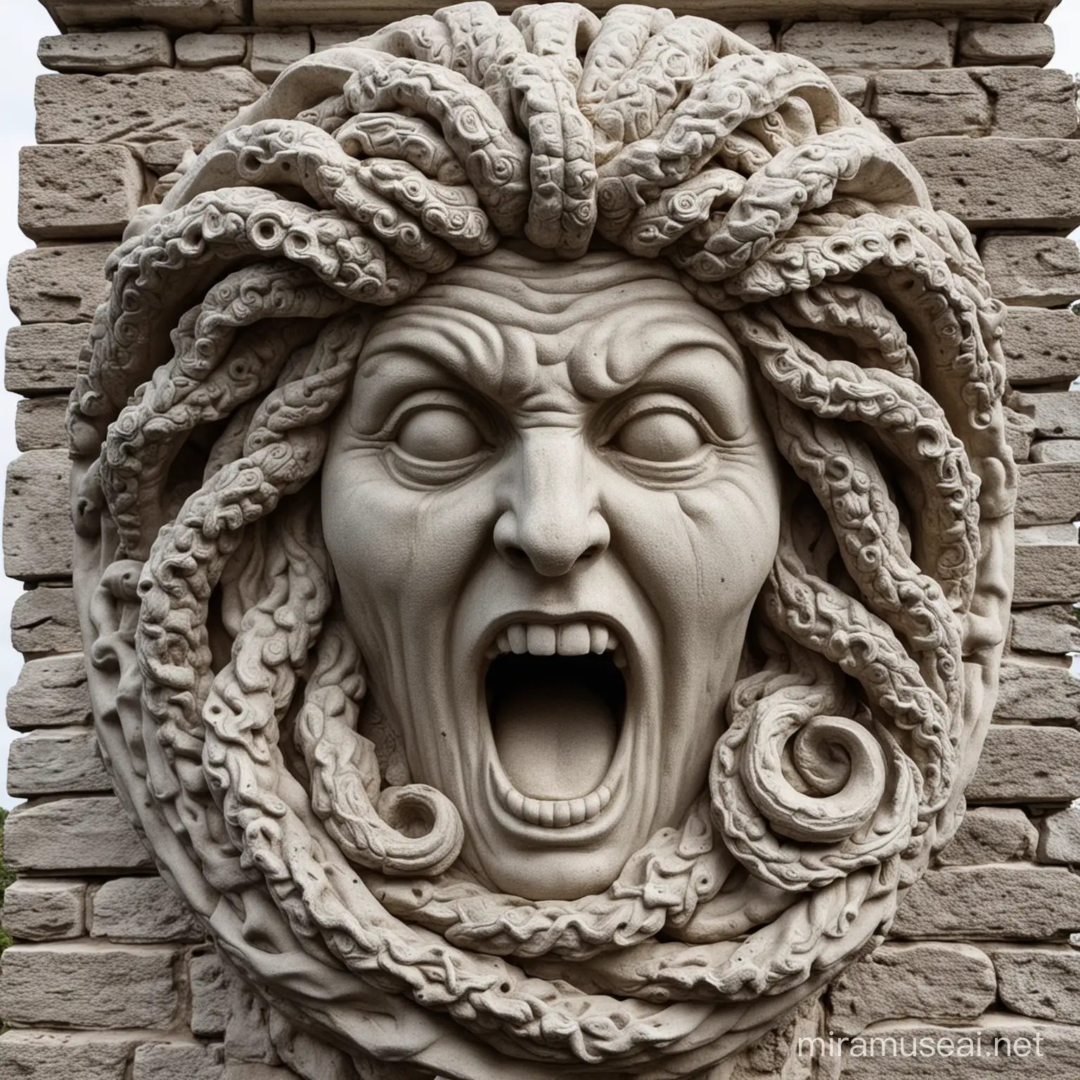Angry Stone Medusa Statue with Bared Teeth