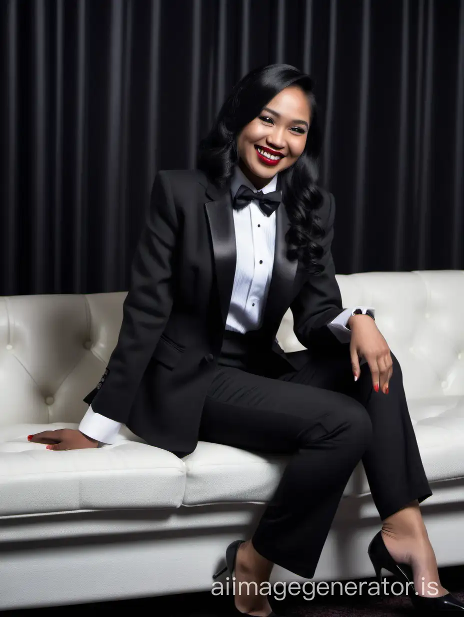 In a dark room, a smiling and laughing Indonesian woman with dark skin, long black hair, and lipstick is sitting on a couch.  She is wearing a tuxedo with a black jacket and black pants.  Her shirt is white with black cufflinks.  Her bowtie is black.  Her jacket is open. Her heels are shiny and black.  She is facing forward.