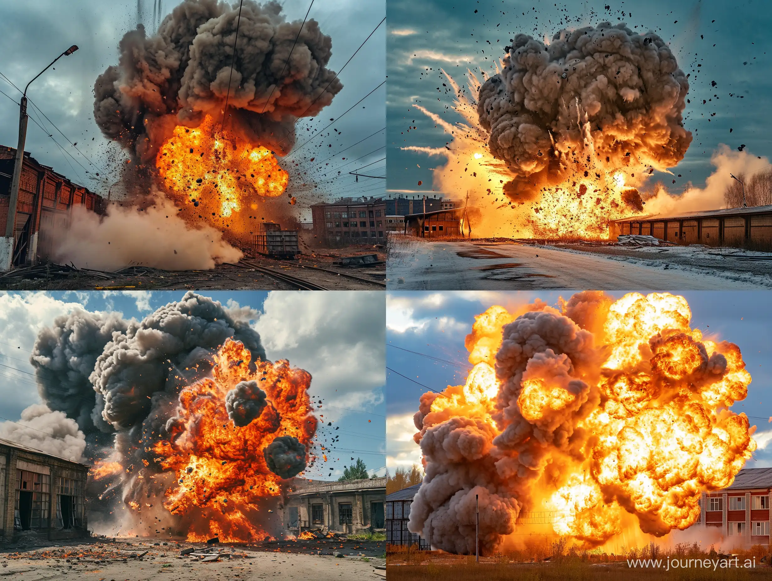 взрыв и огонь в результате падения авиабомбы на нежилой склад на окраине российского города, фотография  сделана на мобильный телефон, реализм, детали, дым