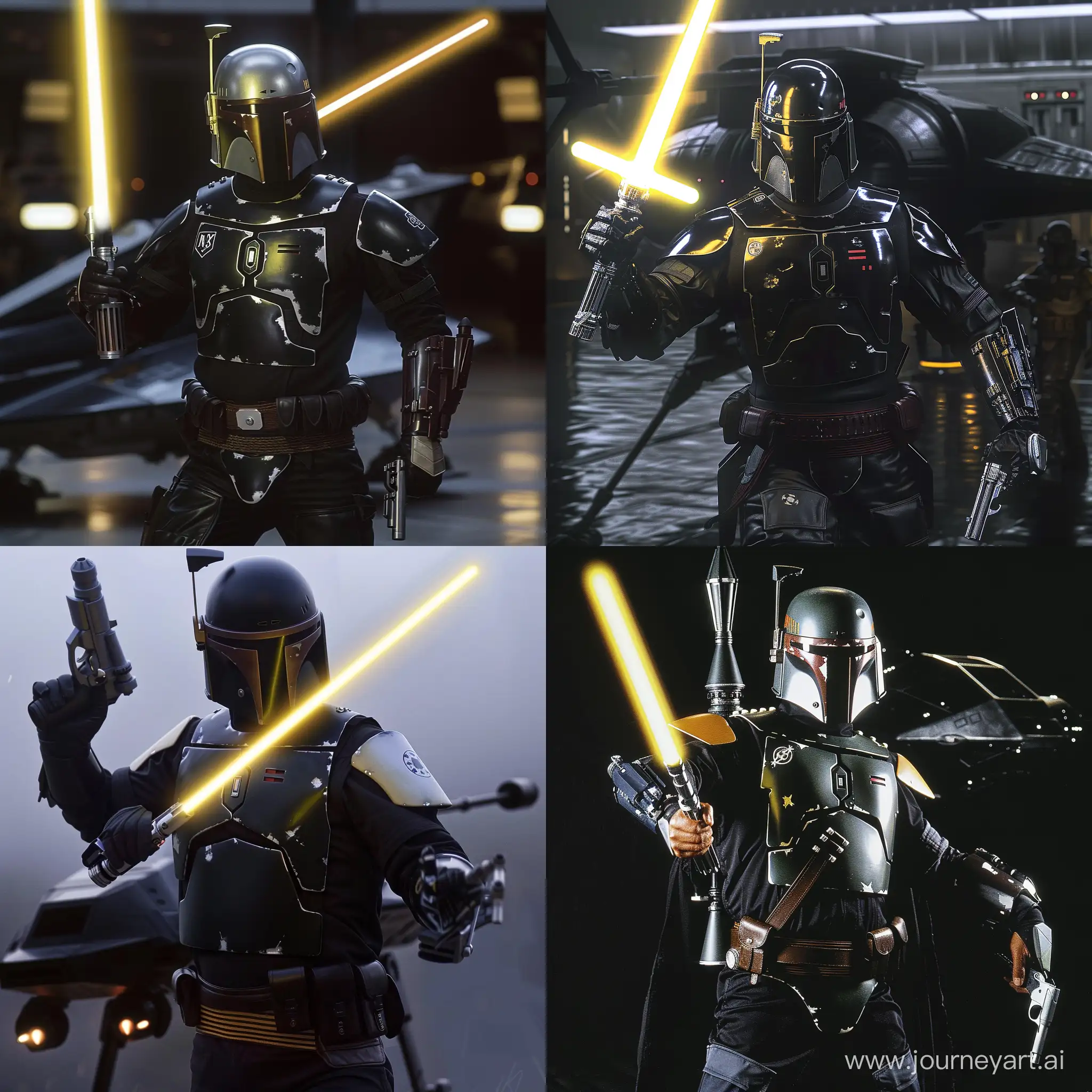 a man in Jango Fett's armor, black armor, a yellow lightsaber in one hand, a silver-colored pistol in the second hand, and a black N-1 ship behind