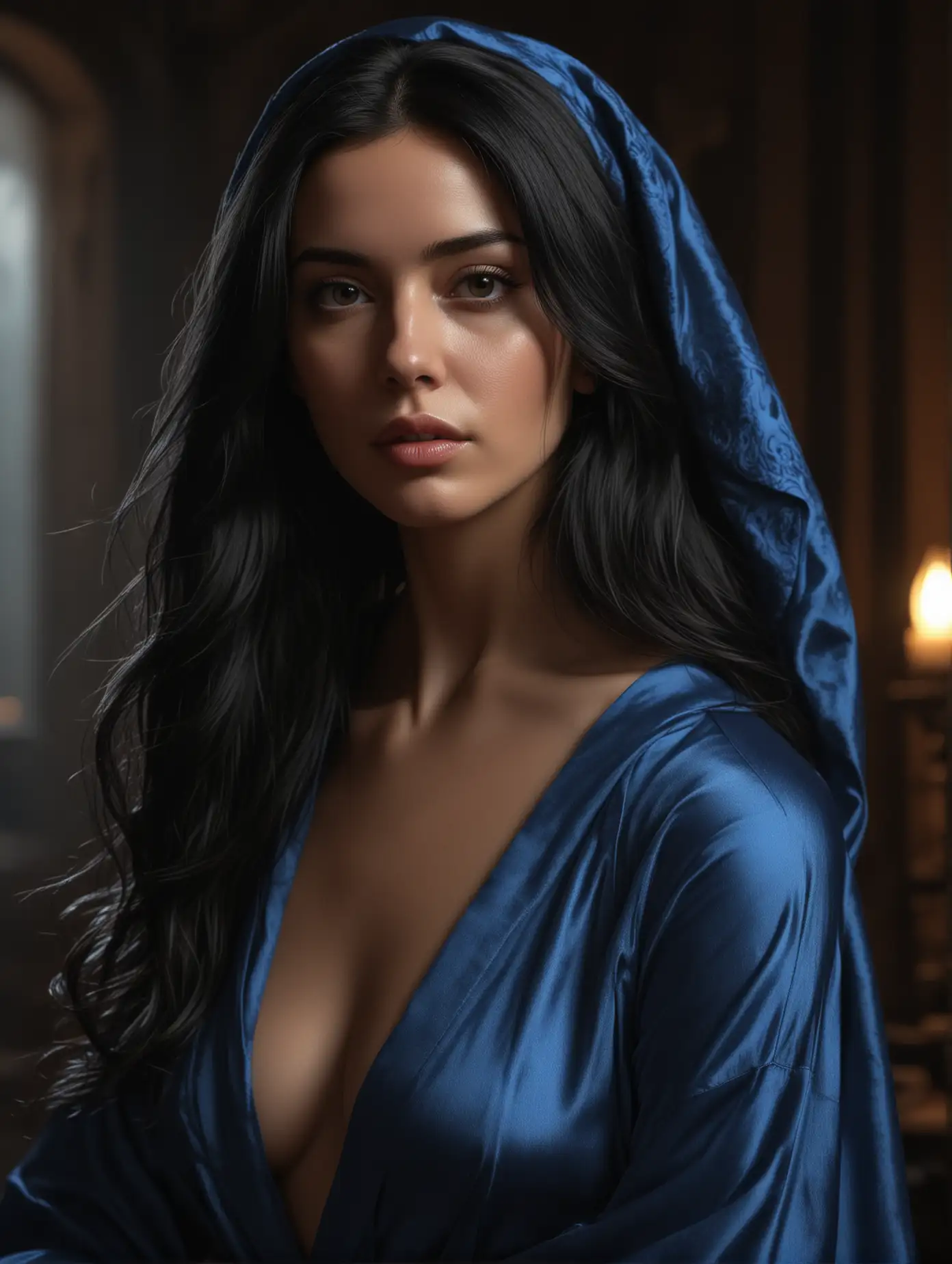 portrait, photo by Lucio Parrillo, masterpiece, exquisite chiaroscuro lighting and composition, 8k, very detailed, high resolution, woman with long black hair, blue robe, illustration, artstation, concept art, smooth, sharp focus, award winning work, PA7_Portrait-MCU