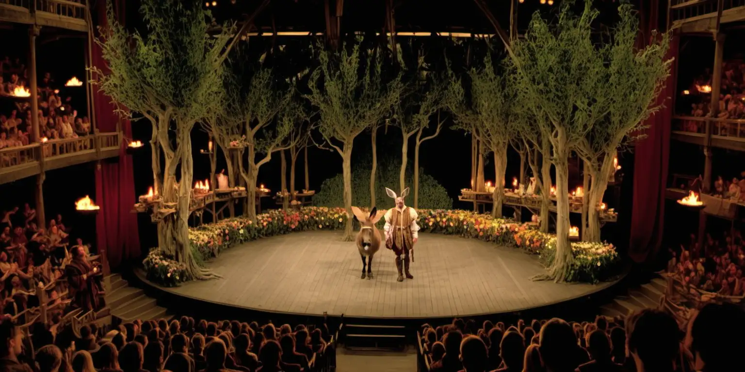 A color photo of a flamboyant performance of Shakespeare's A Midsummer Night's Dream set at the Globe theatre in 1595, viewed from over the shoulder of a row of aristocrats. Fairies and flowers cover the stage. A man with a donkey head stands at the front. The stage is lit with candles. Trees grow up each side of the stage. 