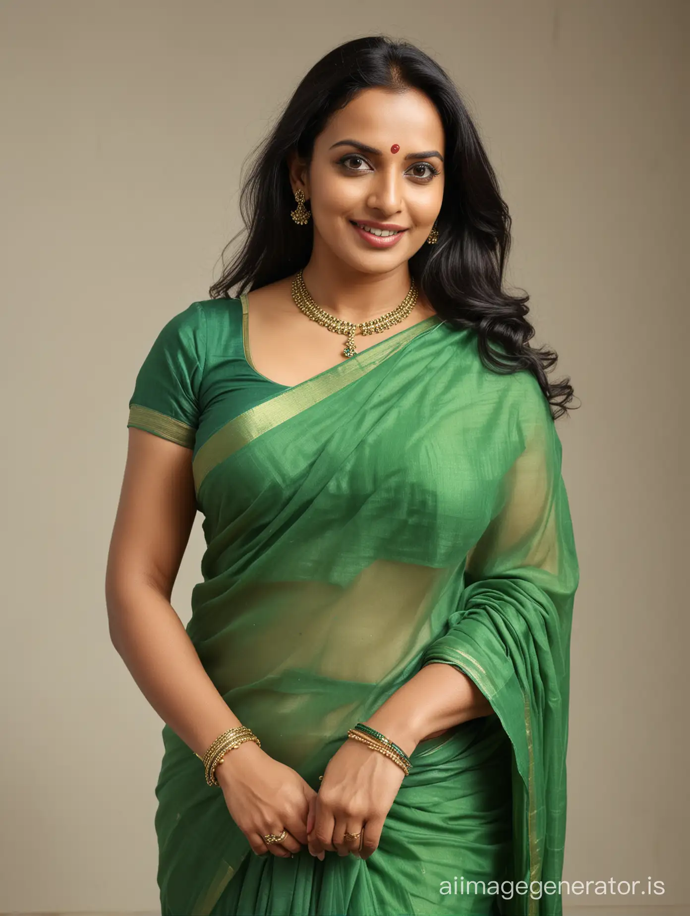 DSLR Full body image of A 50 years old Kerala woman who looks like Malayalam movie actress Swetha Menon. The woman is wearing a green saree with green blouse. The woman has very long hair. The woman is displaying a very naughty smile biting lips. The woman is wearing a thin mangalsutra.
