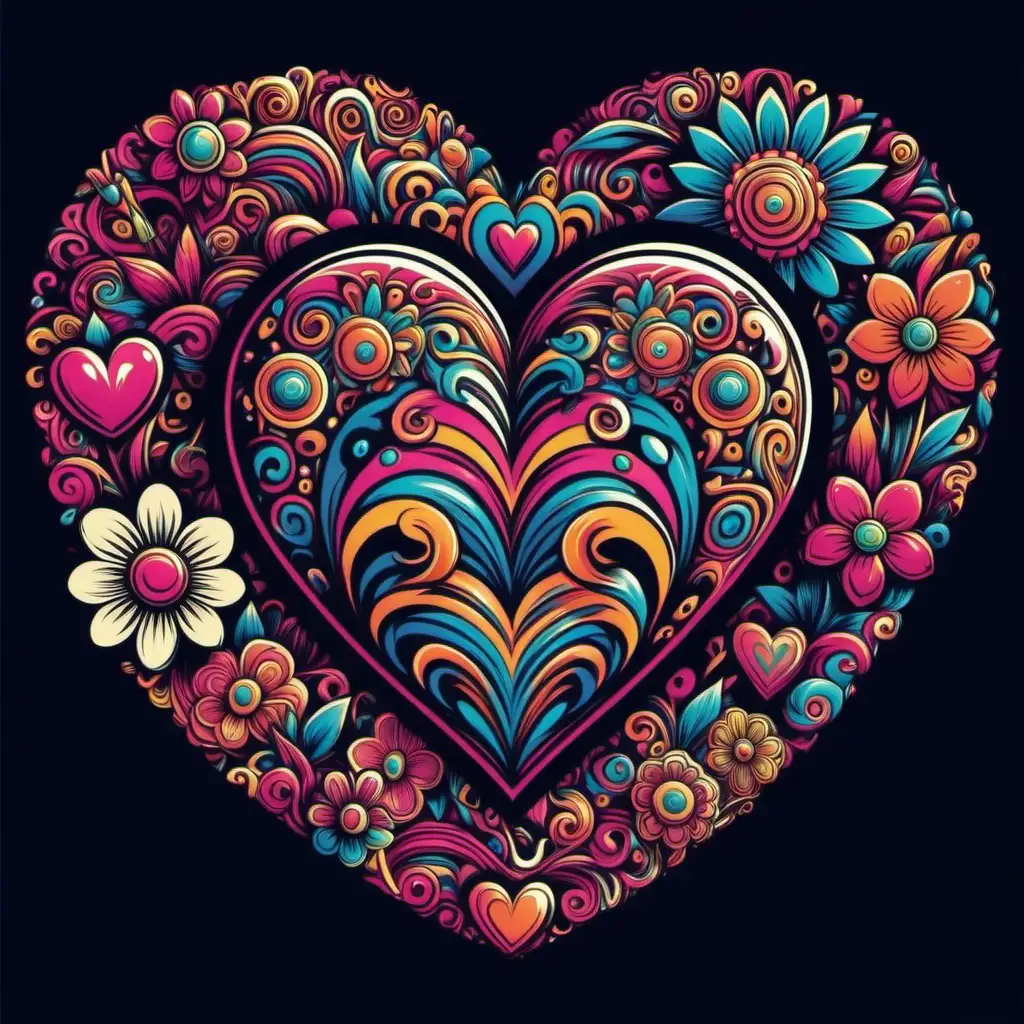 Retro Valentine Heart Tshirt Design with Flowers and Psychedelic Patterns