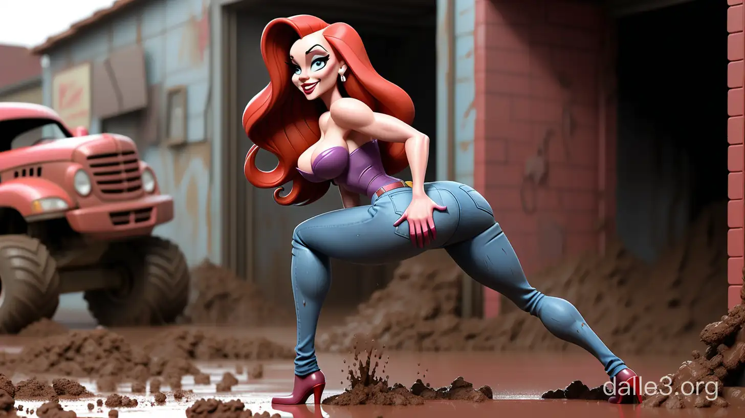 jessica rabbit is muddy in skin tight jeans, side view, flat 2d style, toon